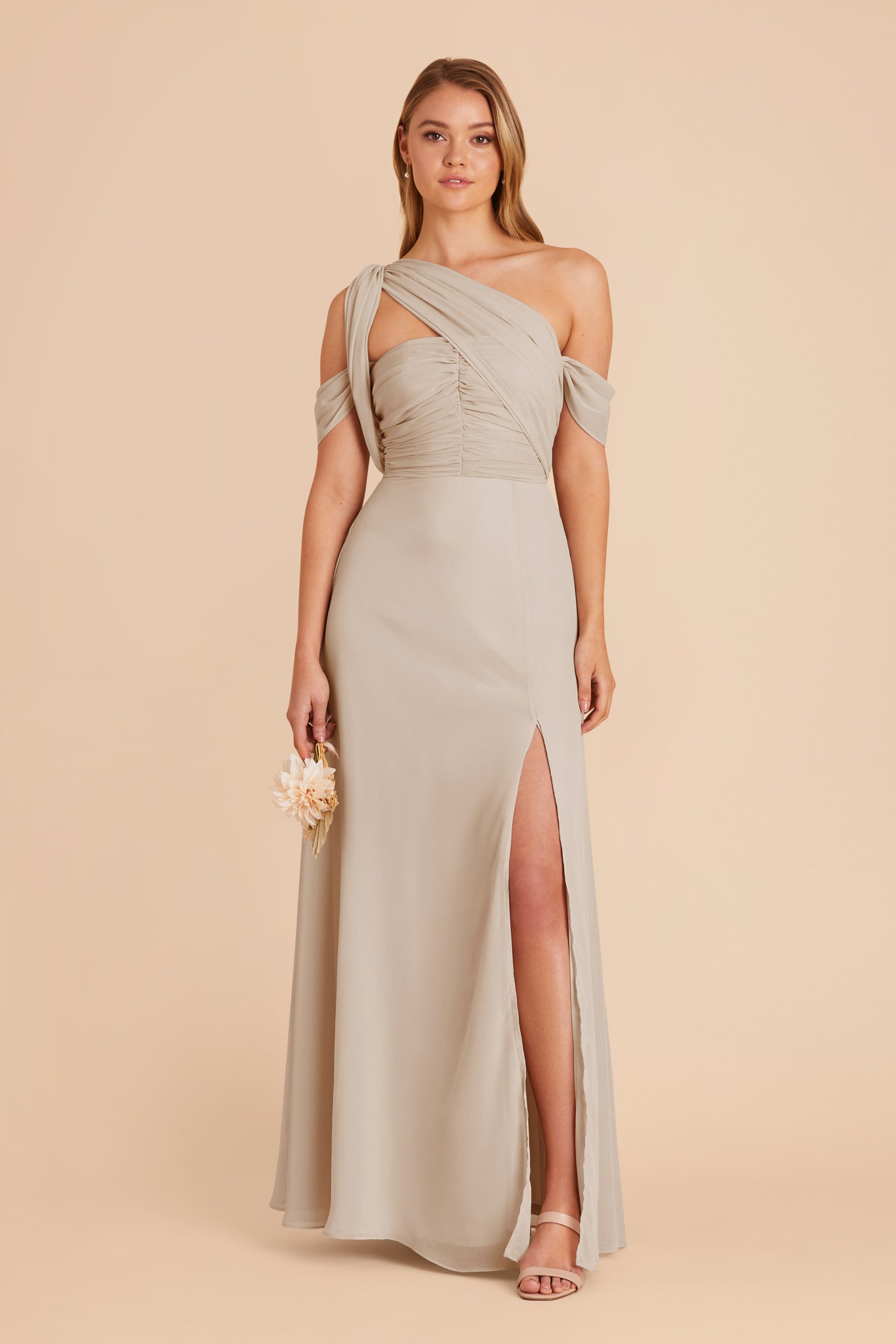 Strapless Convertible Bridesmaid Dress in Neutral Champagne | Cara Chiffon