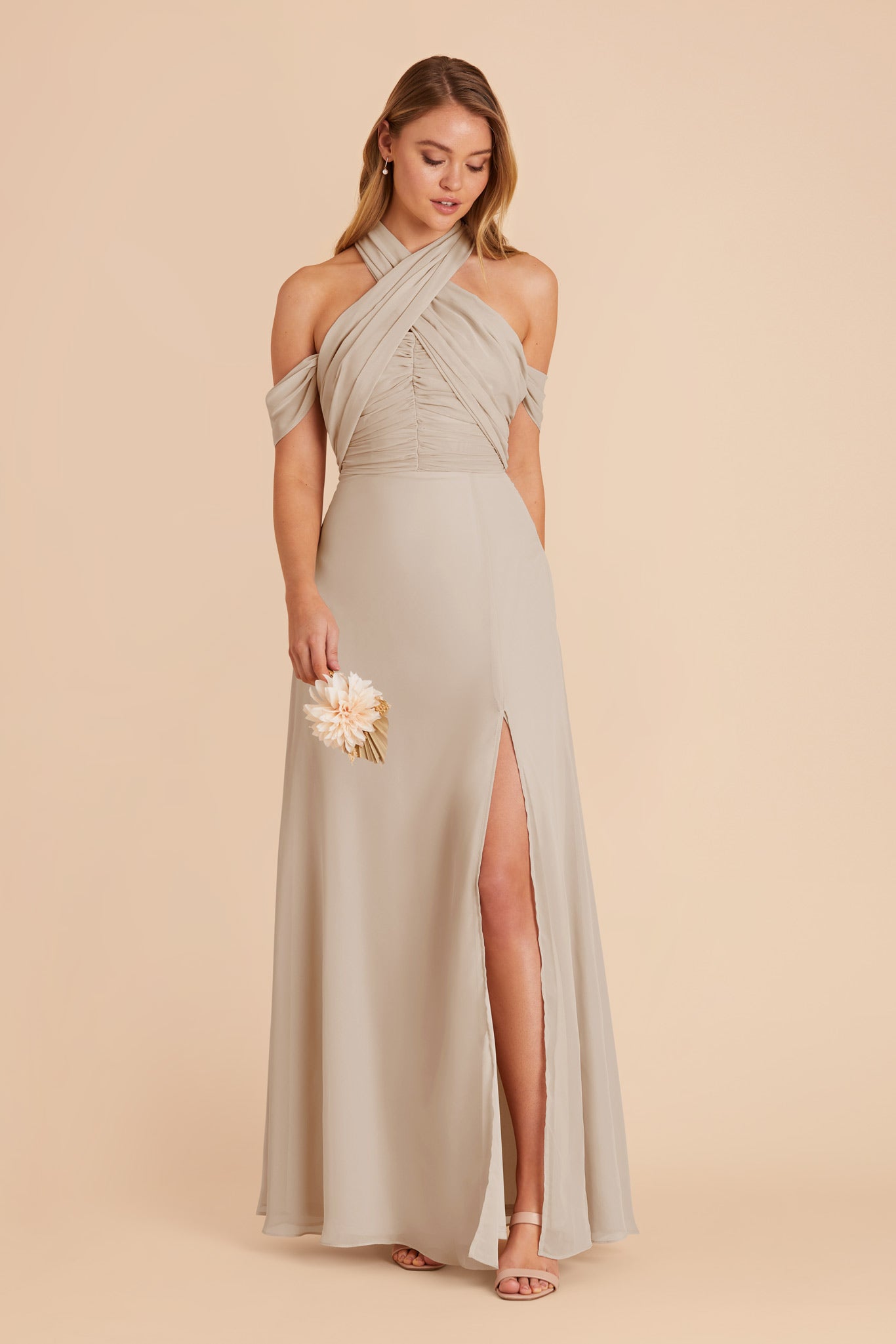 Strapless Convertible Bridesmaid Dress in Neutral Champagne | Cara Chiffon