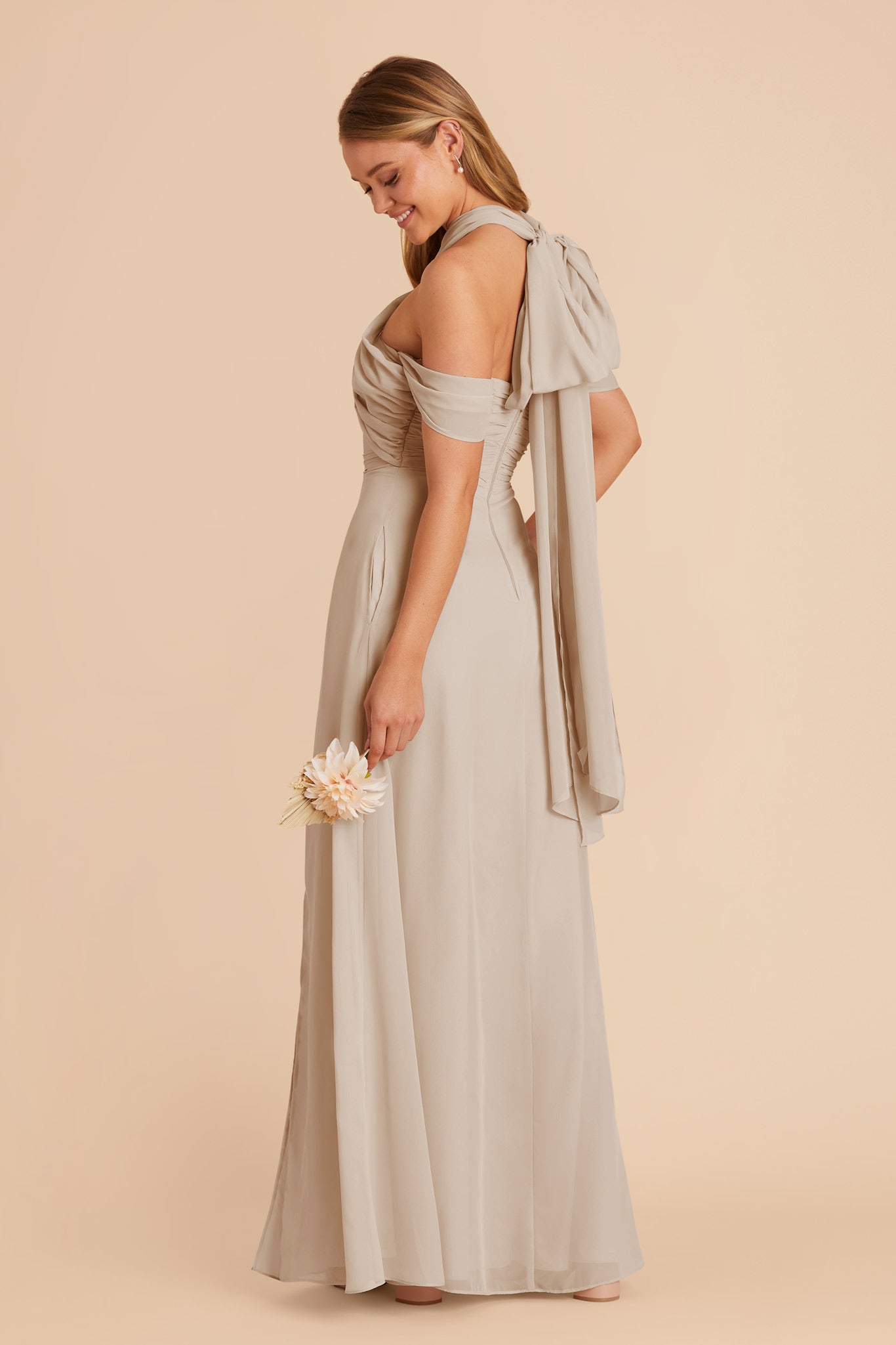 Strapless Convertible Bridesmaid Dress in Neutral Champagne | Cara Chiffon