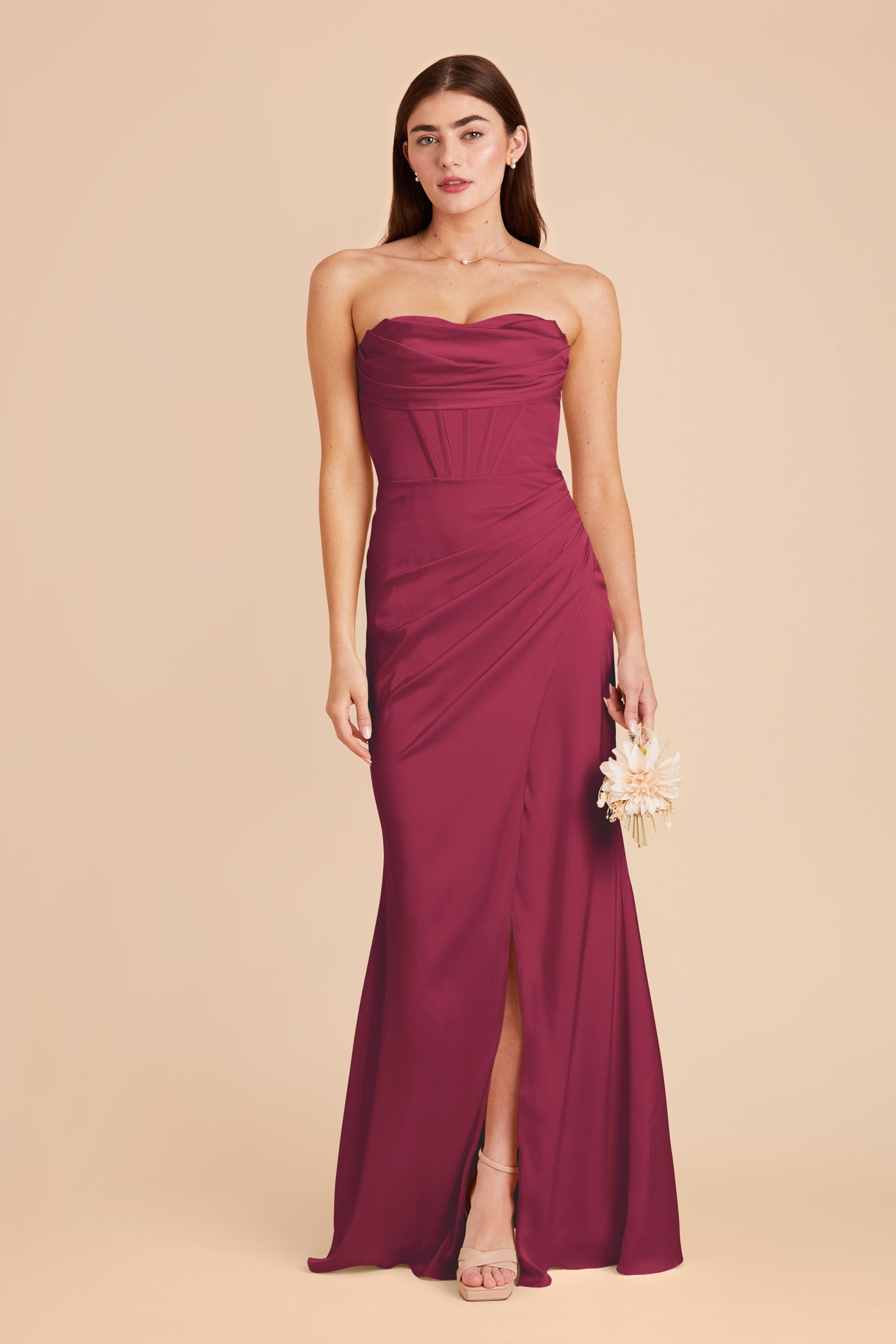 Elegant Satin Bridesmaid Dress with Boning & High Slit | Carrie