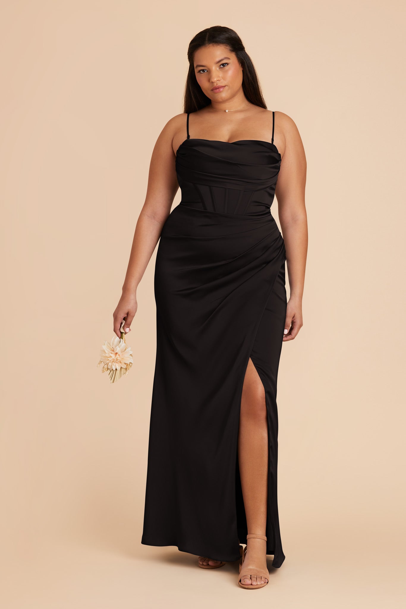 Elegant Matte Satin Bridesmaid Dress with Boning & High Slit | Carrie