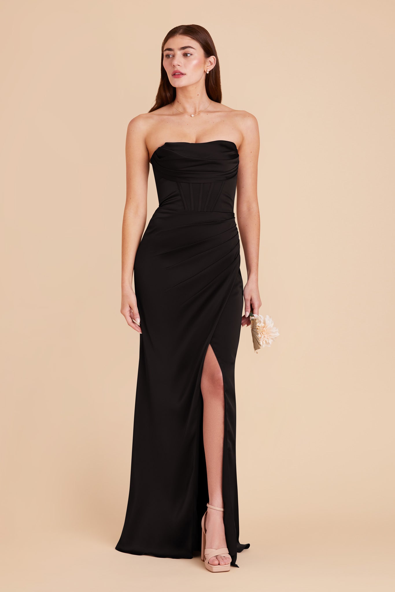 Elegant Matte Satin Bridesmaid Dress with Boning & High Slit | Carrie