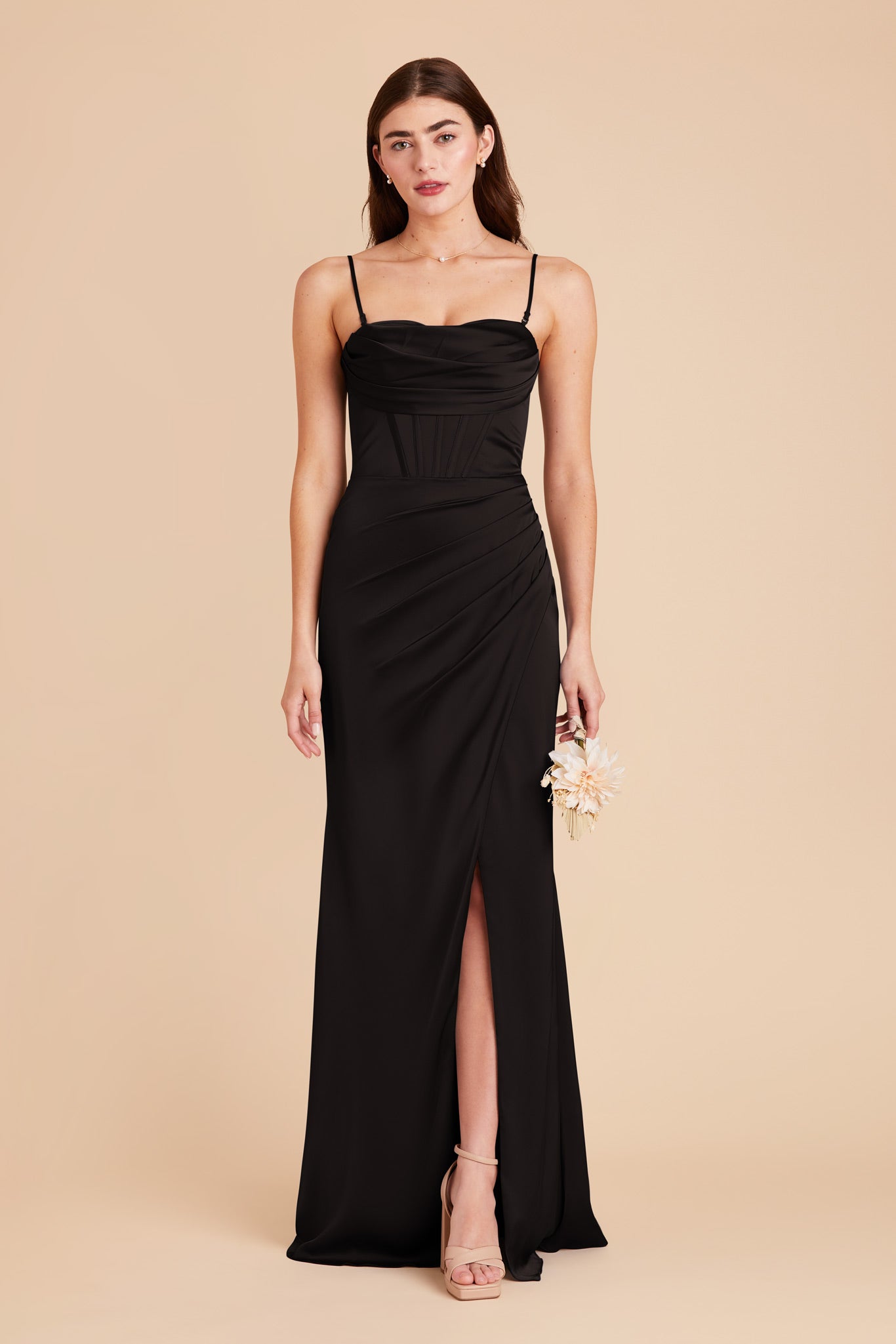 Elegant Matte Satin Bridesmaid Dress with Boning & High Slit | Carrie