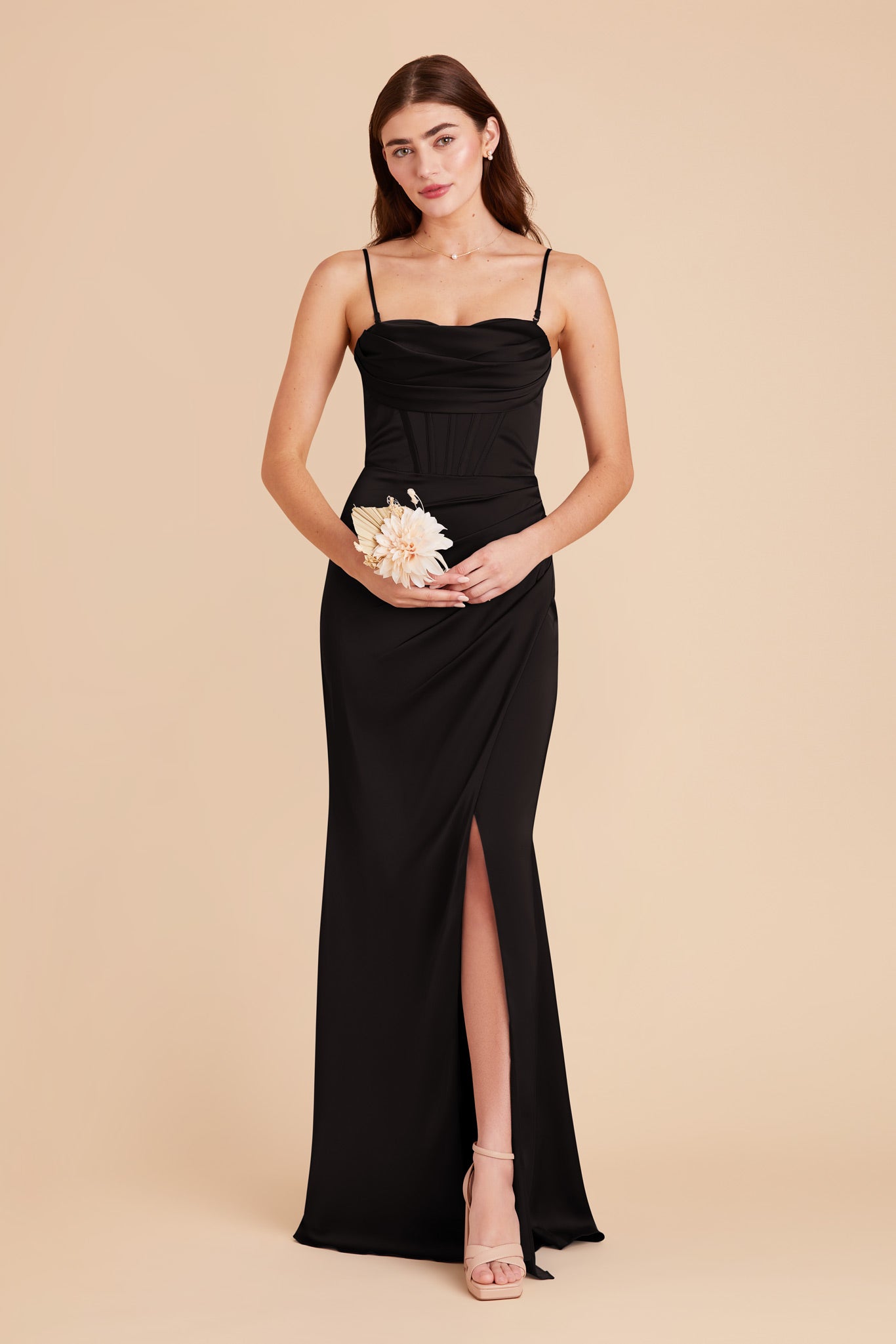 Elegant Matte Satin Bridesmaid Dress with Boning & High Slit | Carrie