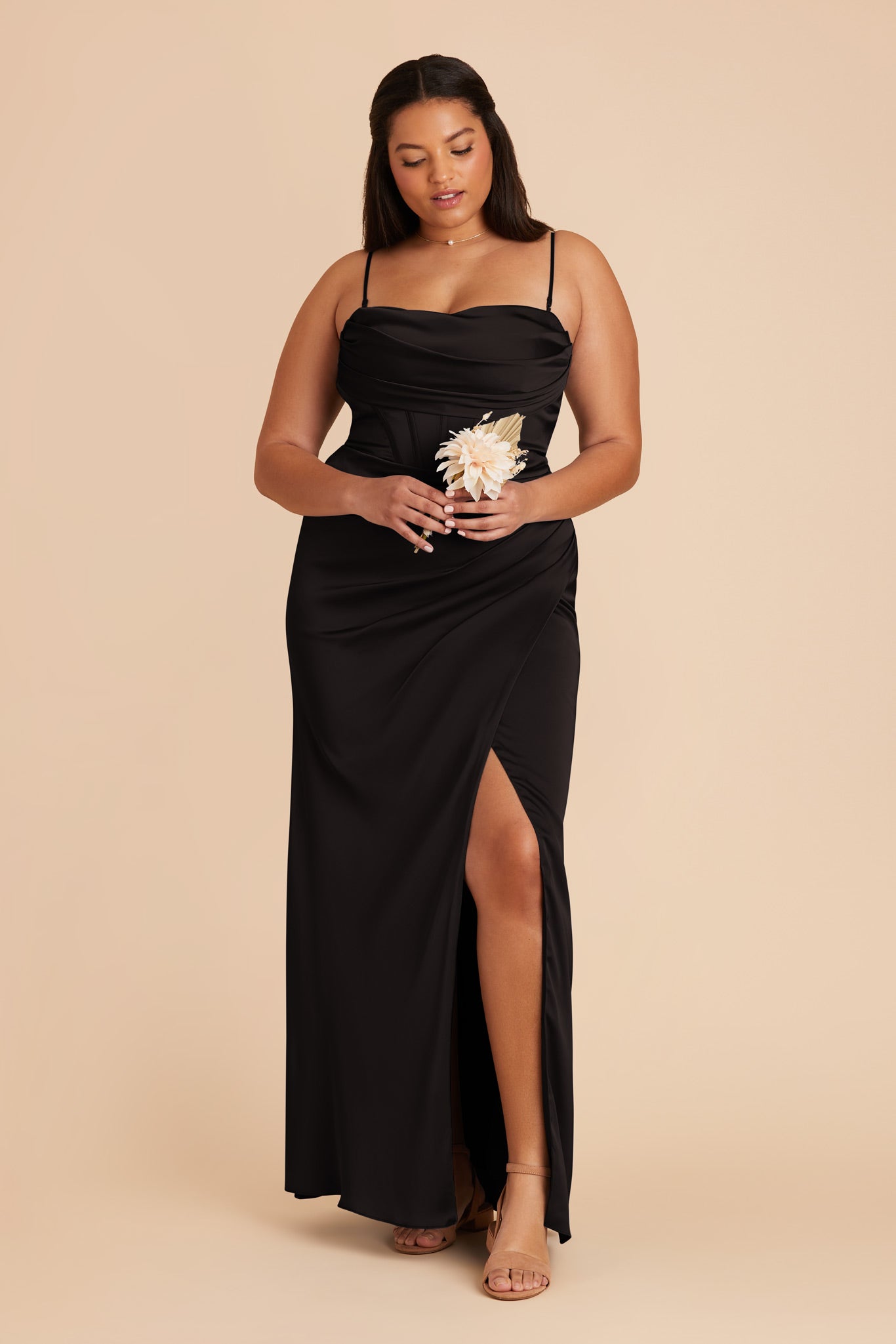 Elegant Matte Satin Bridesmaid Dress with Boning & High Slit | Carrie