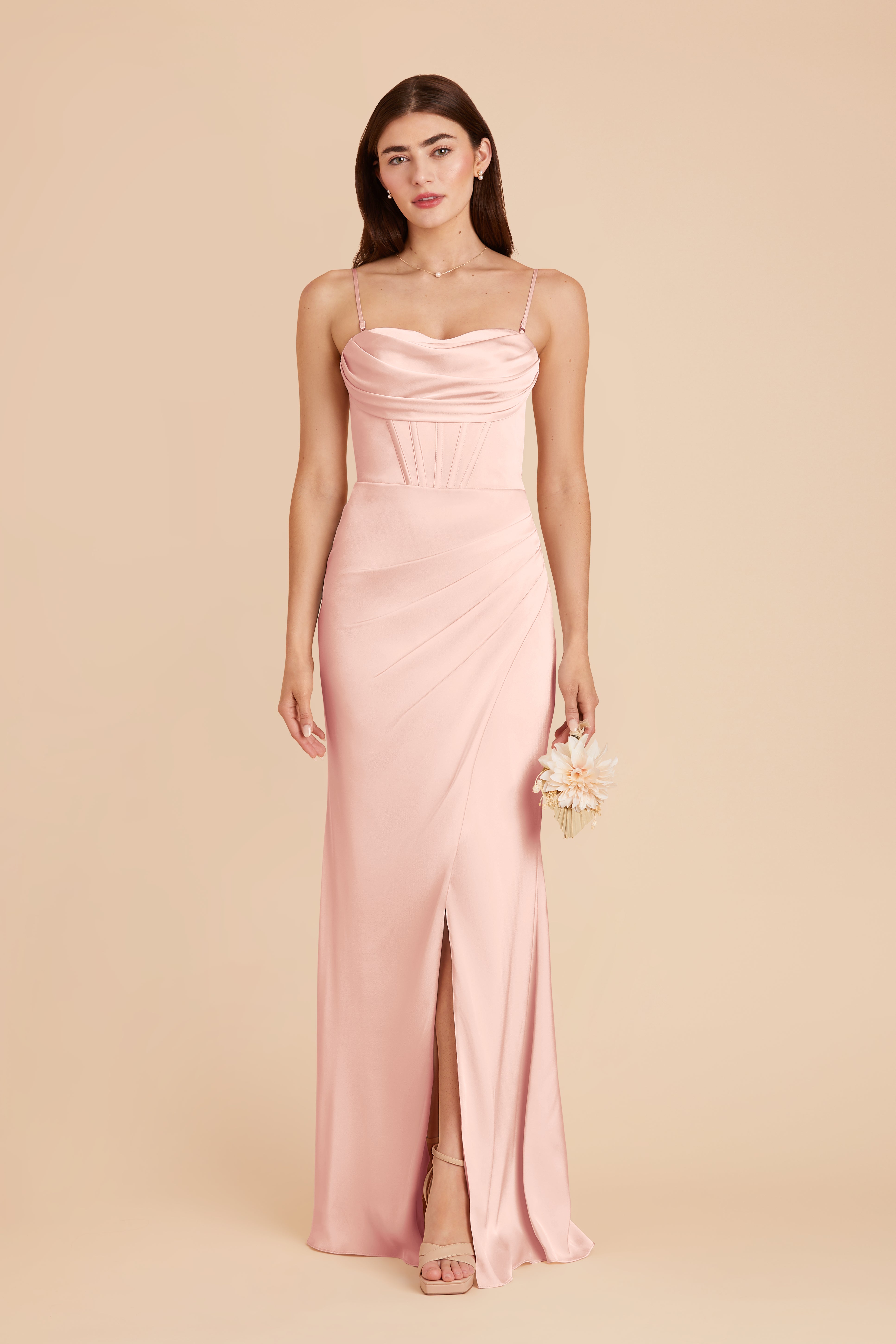 Elegant Satin Bridesmaid Dress with Boning & High Slit | Carrie