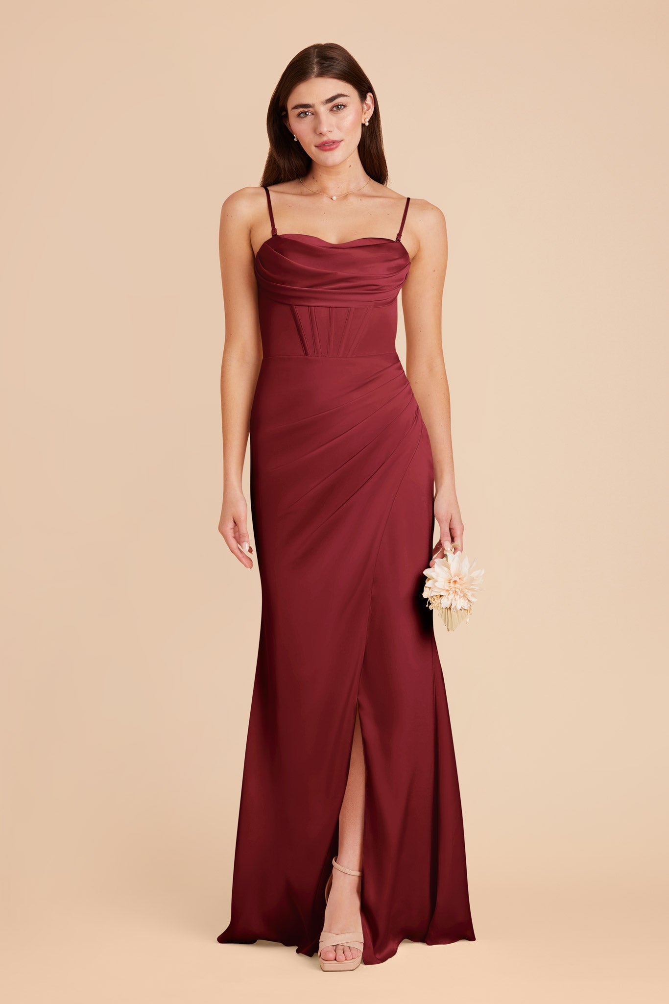 Burgundy Satin Bridesmaid Dress with Boning & High Slit | Carrie