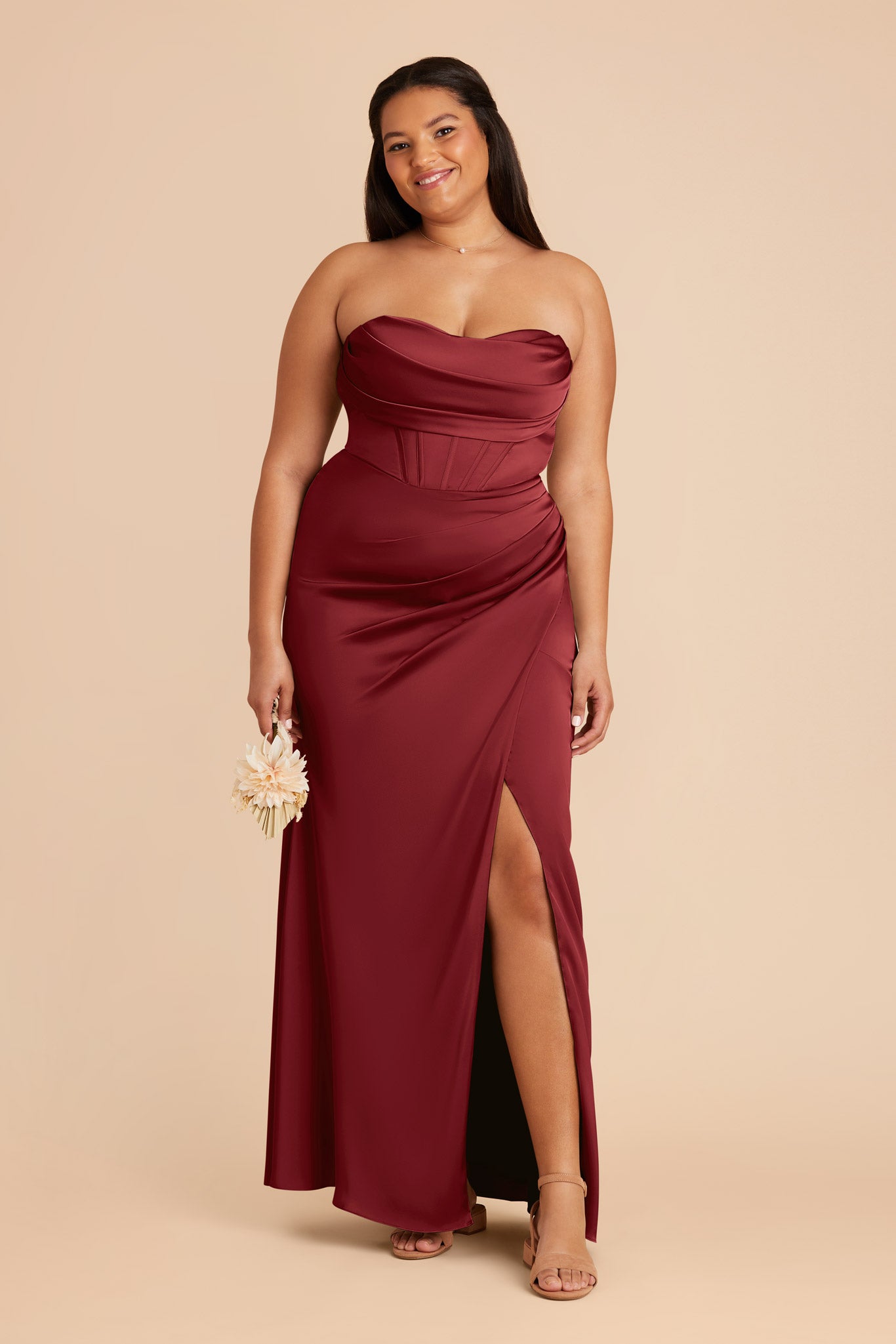 Burgundy Satin Bridesmaid Dress with Boning & High Slit | Carrie