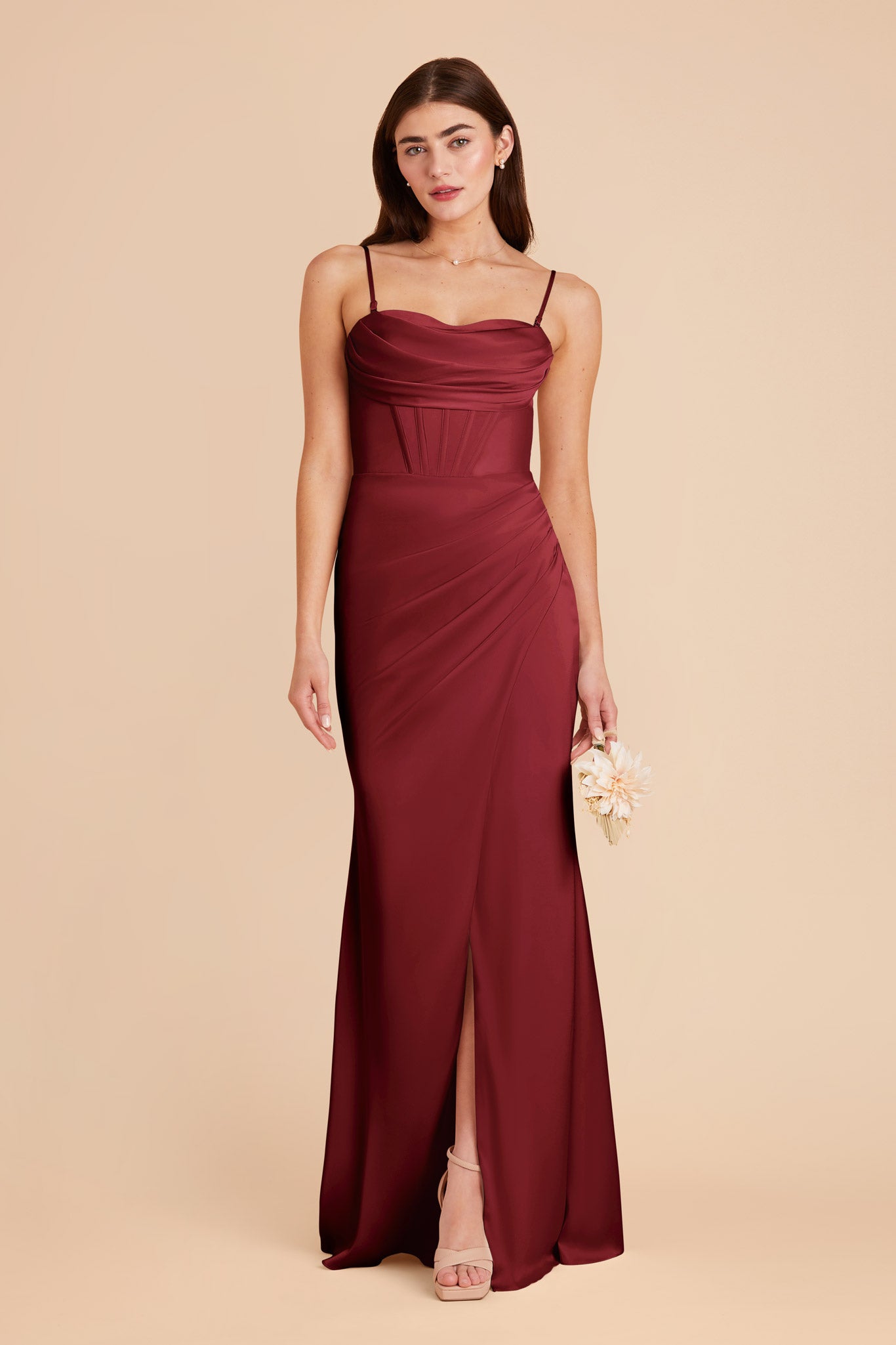 Burgundy Satin Bridesmaid Dress with Boning & High Slit | Carrie