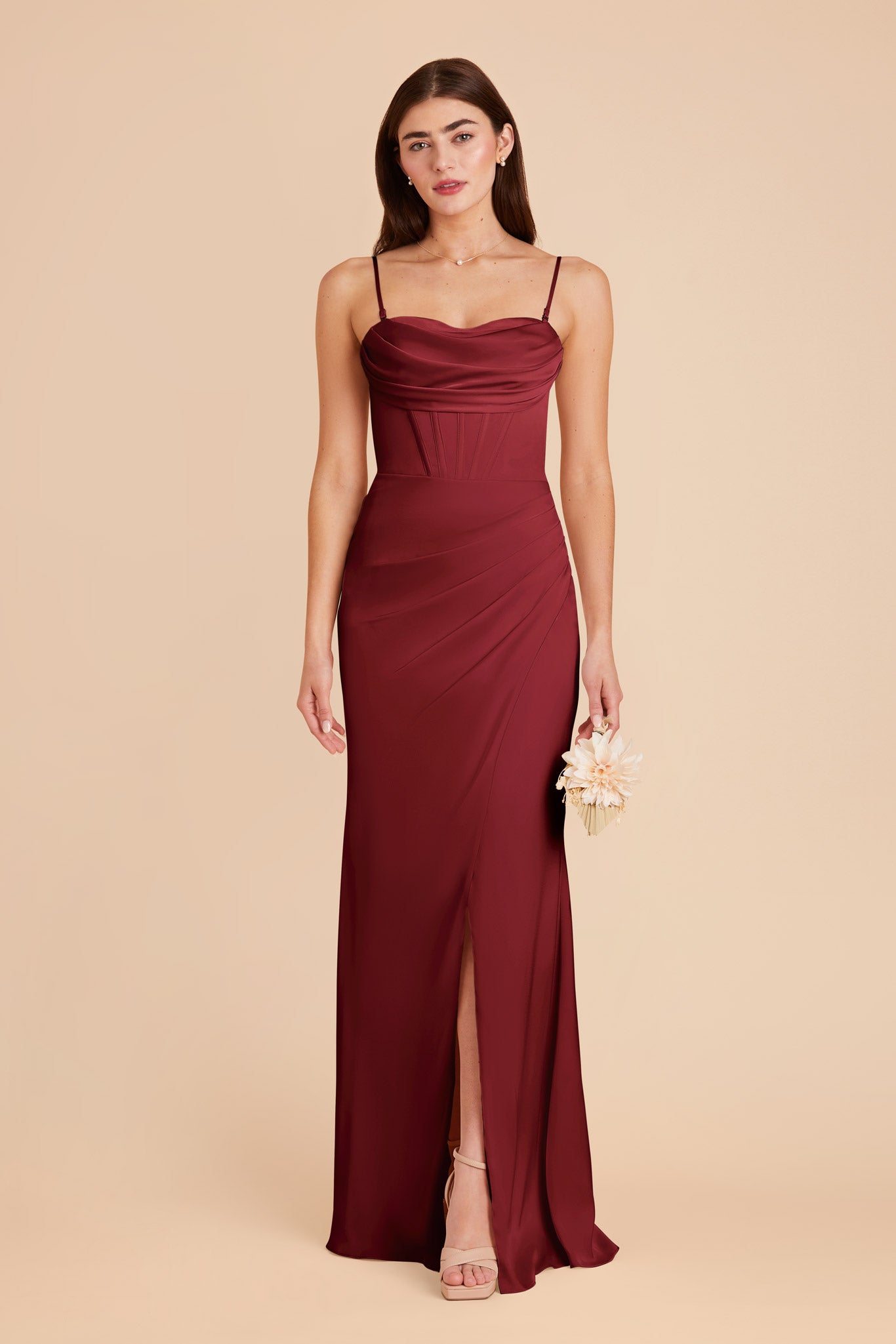 Burgundy Satin Bridesmaid Dress with Boning & High Slit | Carrie