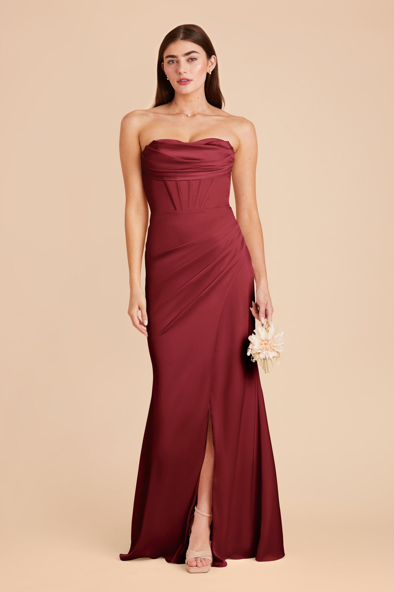 Burgundy Satin Bridesmaid Dress with Boning & High Slit | Carrie