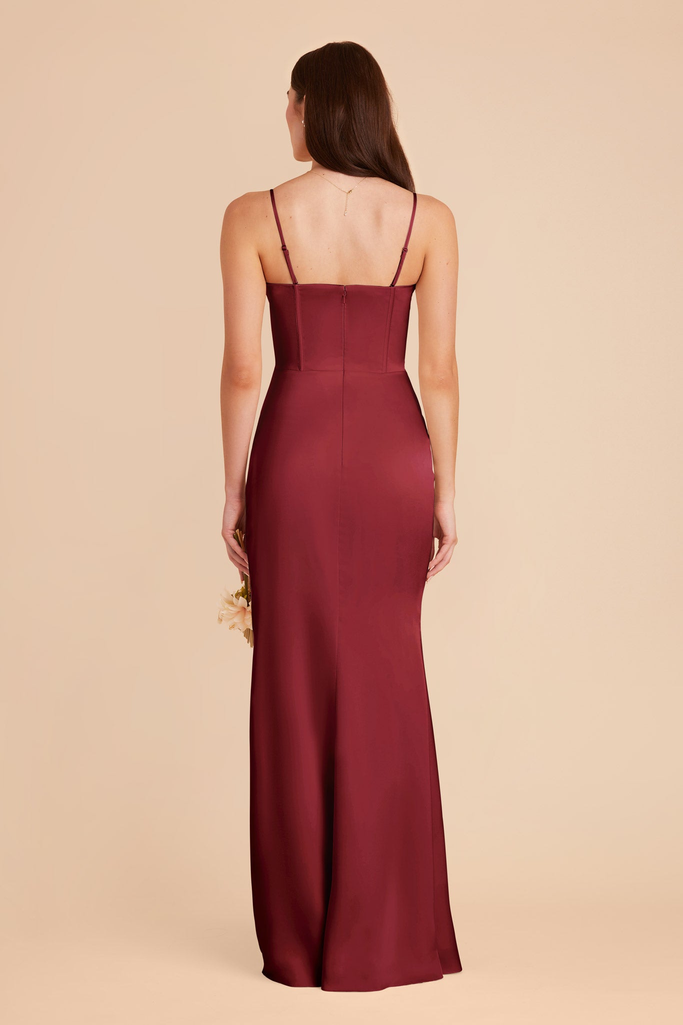 Burgundy Satin Bridesmaid Dress with Boning & High Slit | Carrie
