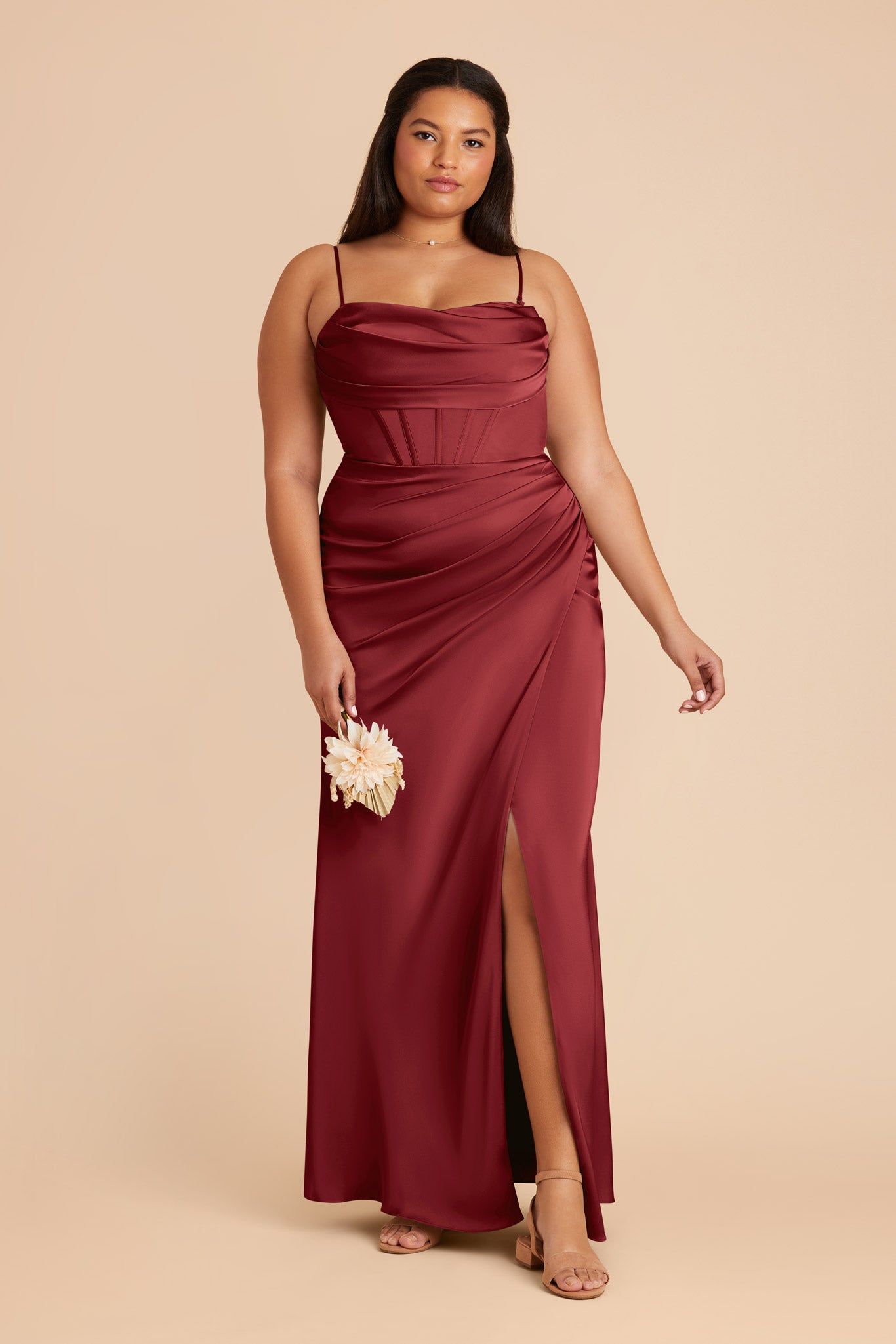 Burgundy Satin Bridesmaid Dress with Boning & High Slit | Carrie