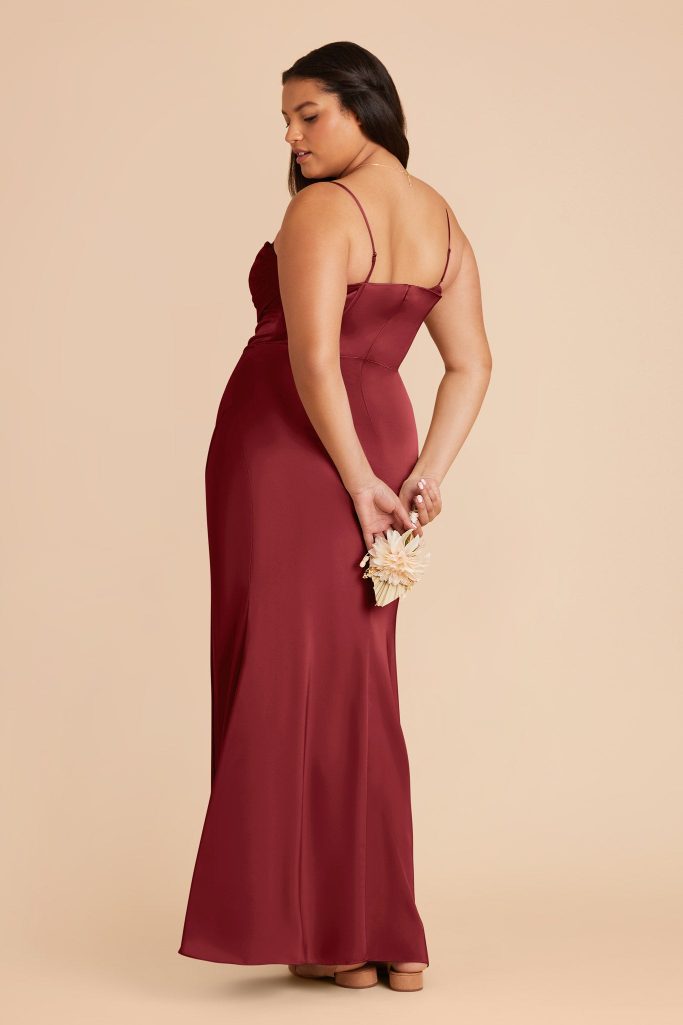 Burgundy Satin Bridesmaid Dress with Boning & High Slit | Carrie