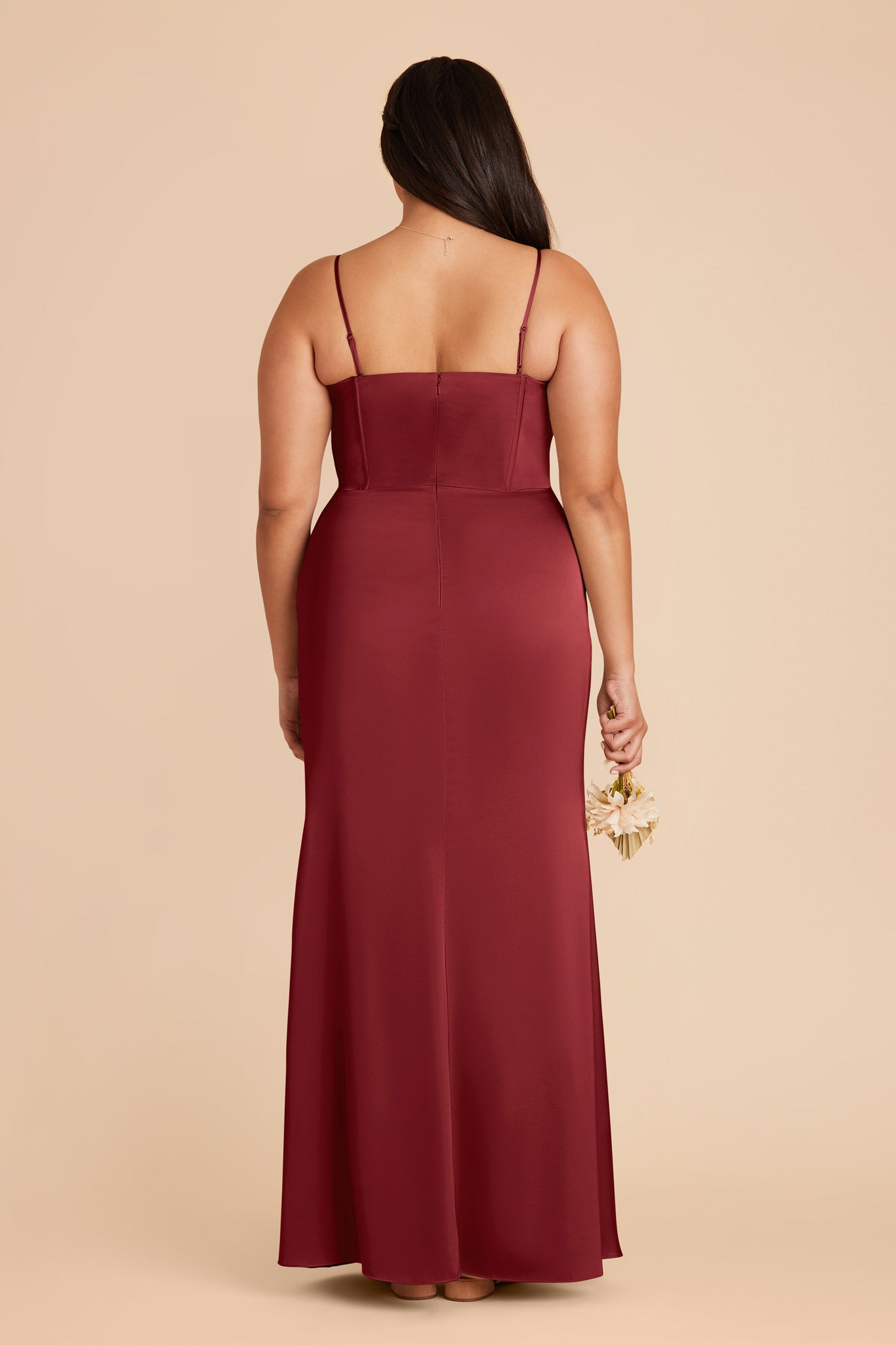 Burgundy Satin Bridesmaid Dress with Boning & High Slit | Carrie