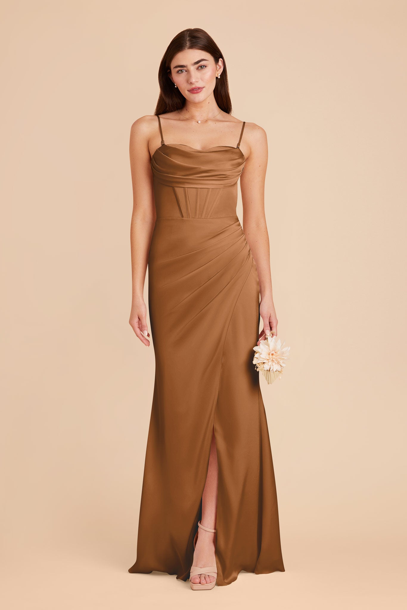 Matte Satin Bridesmaid Dress with Boning & High Slit | Carrie Copper
