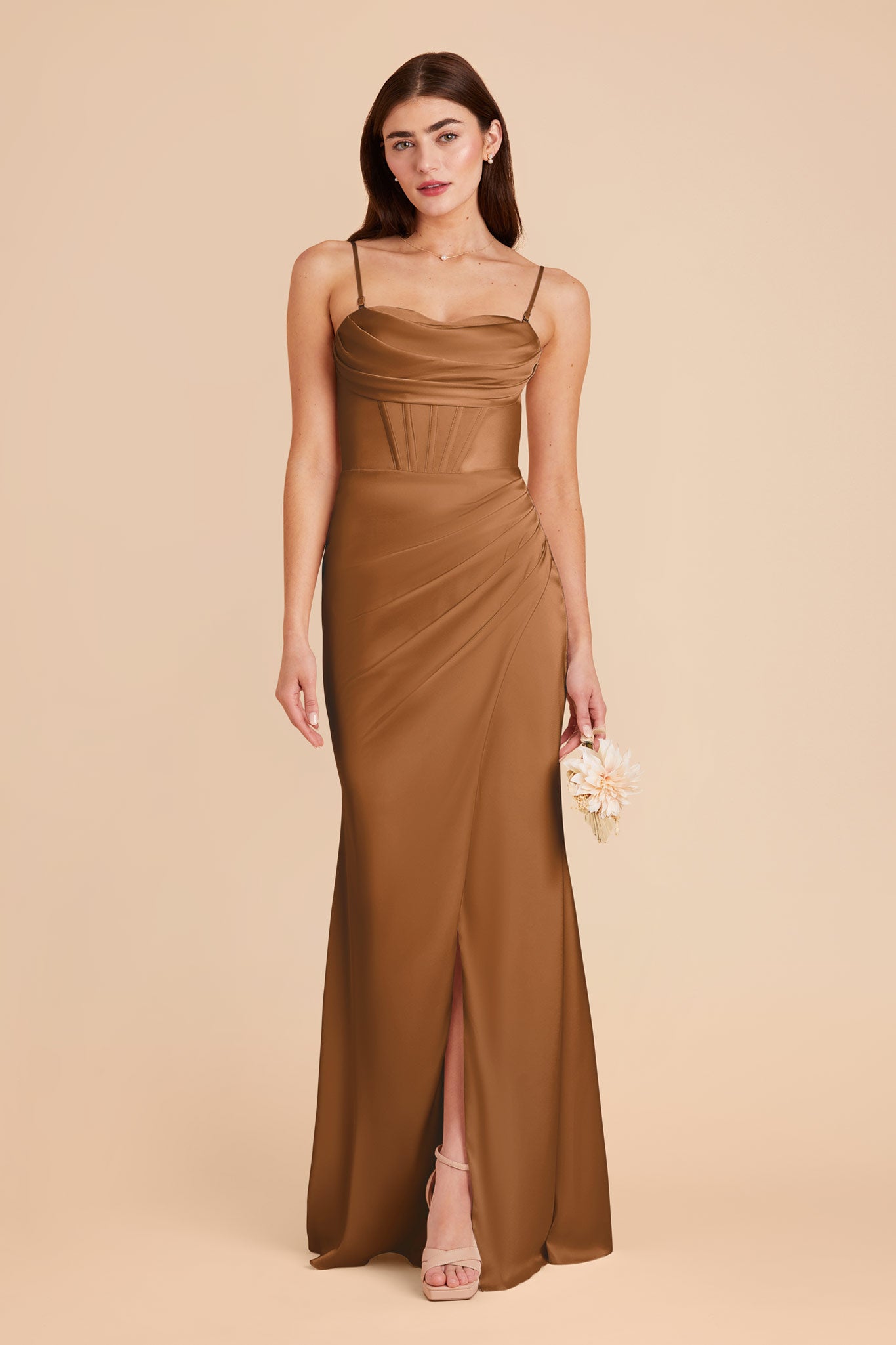 Matte Satin Bridesmaid Dress with Boning & High Slit | Carrie Copper