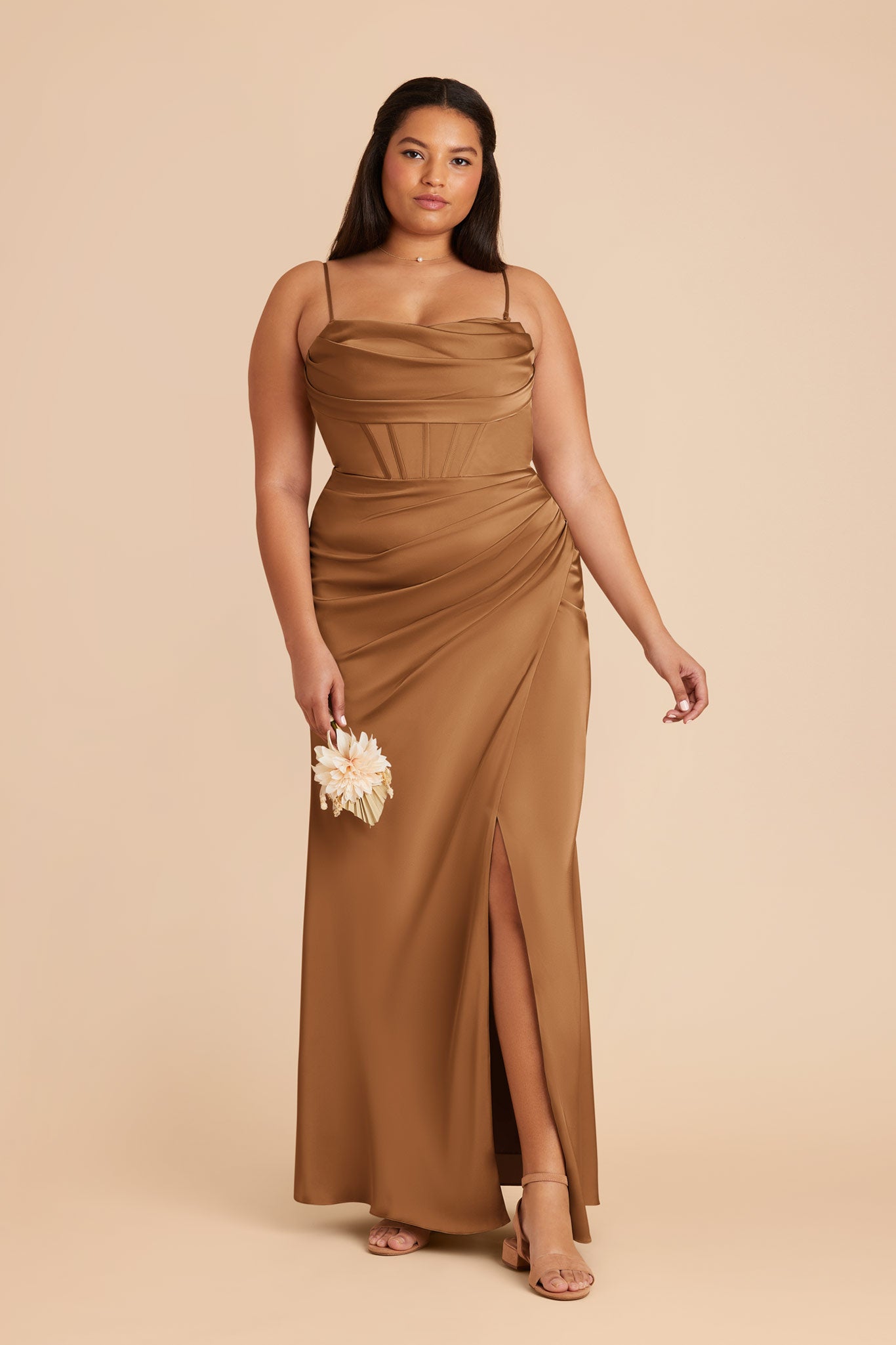 Matte Satin Bridesmaid Dress with Boning & High Slit | Carrie Copper