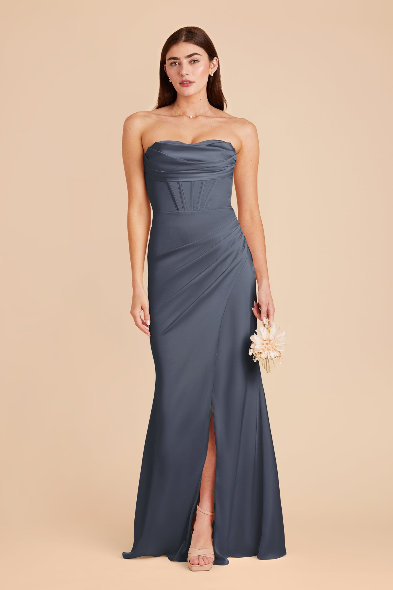 Elegant Satin Bridesmaid Dress with Boning & High Slit | Carrie Dusk Blue