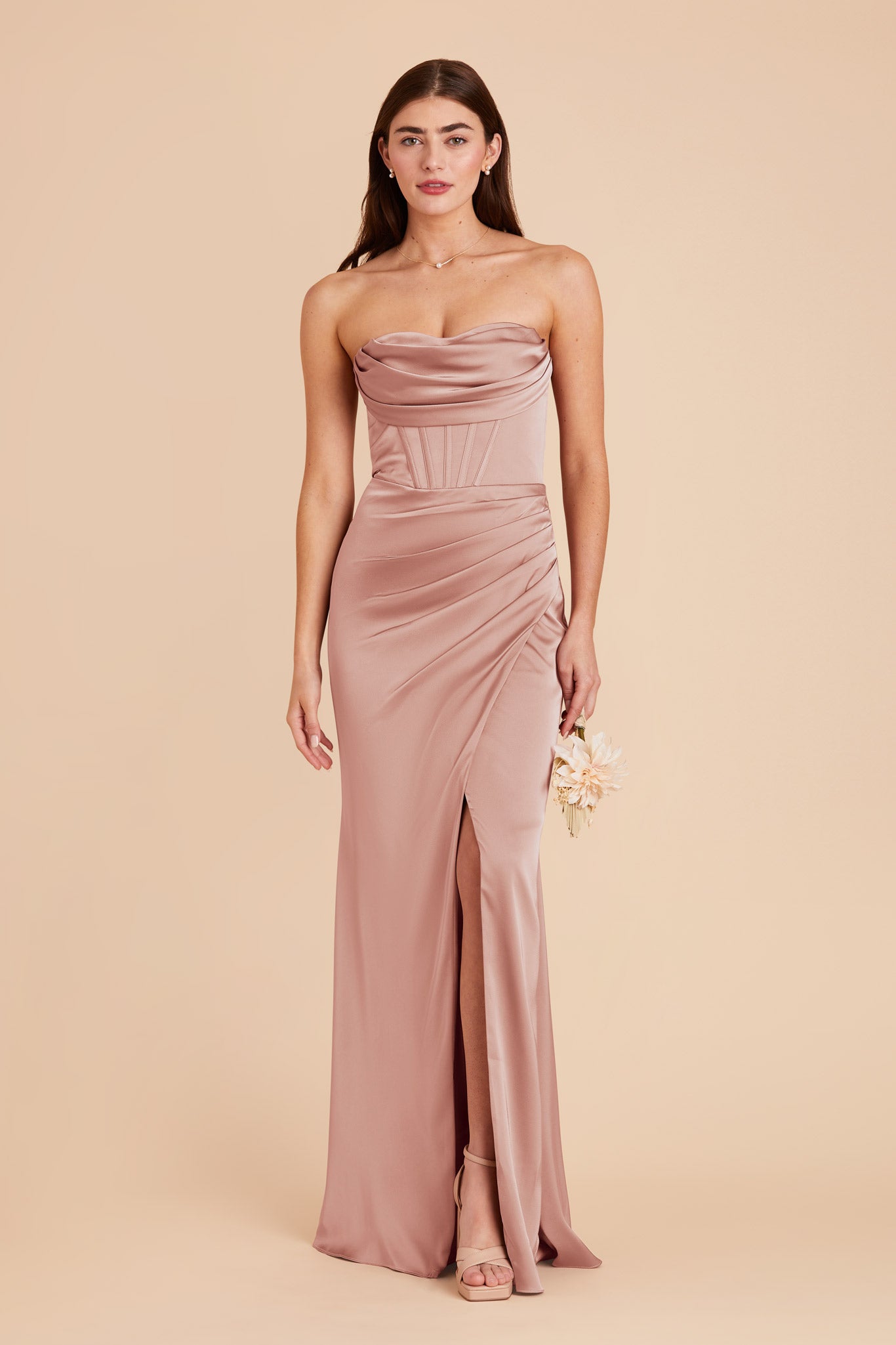 Elegant Satin Bridesmaid Dress with Boning & High Slit | Carrie