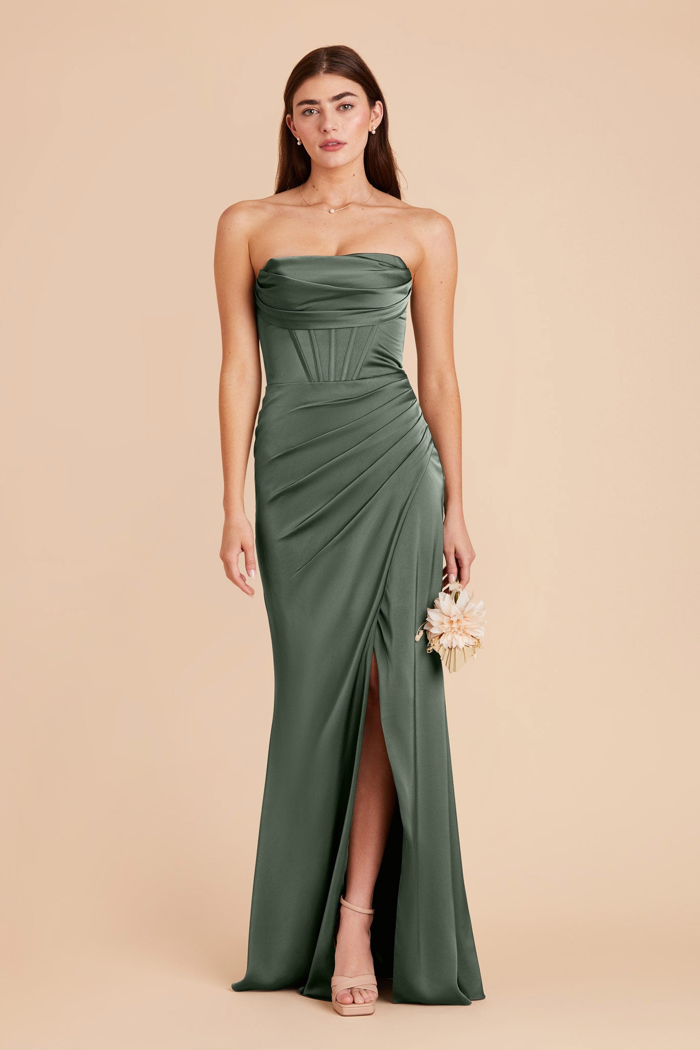 Elegant Satin Bridesmaid Dress with Boning & High Slit | Carrie