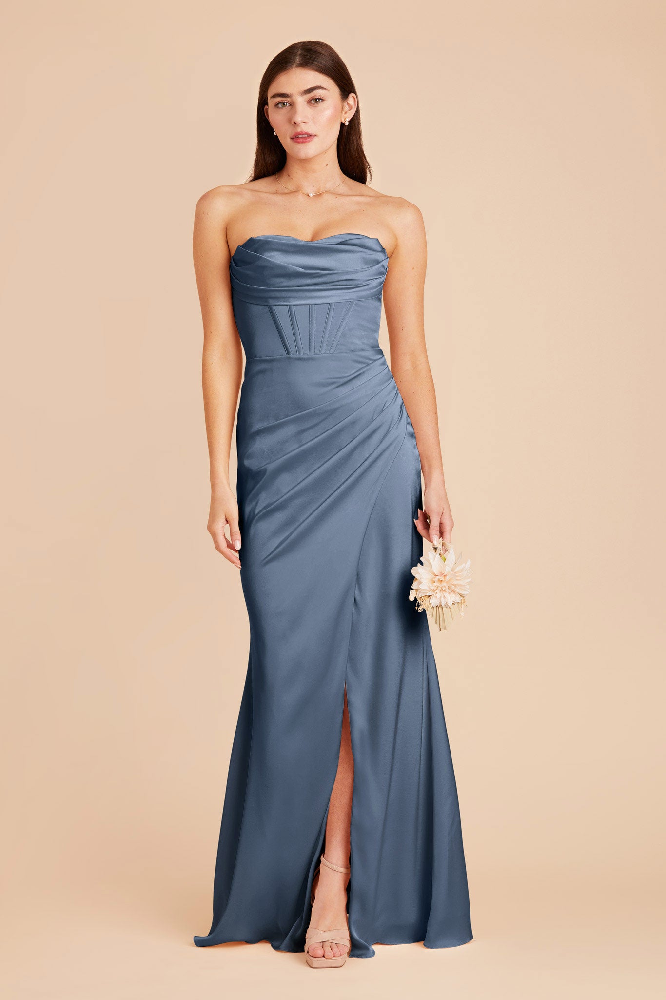 Elegant Satin Bridesmaid Dress with Boning & High Slit | French Blue
