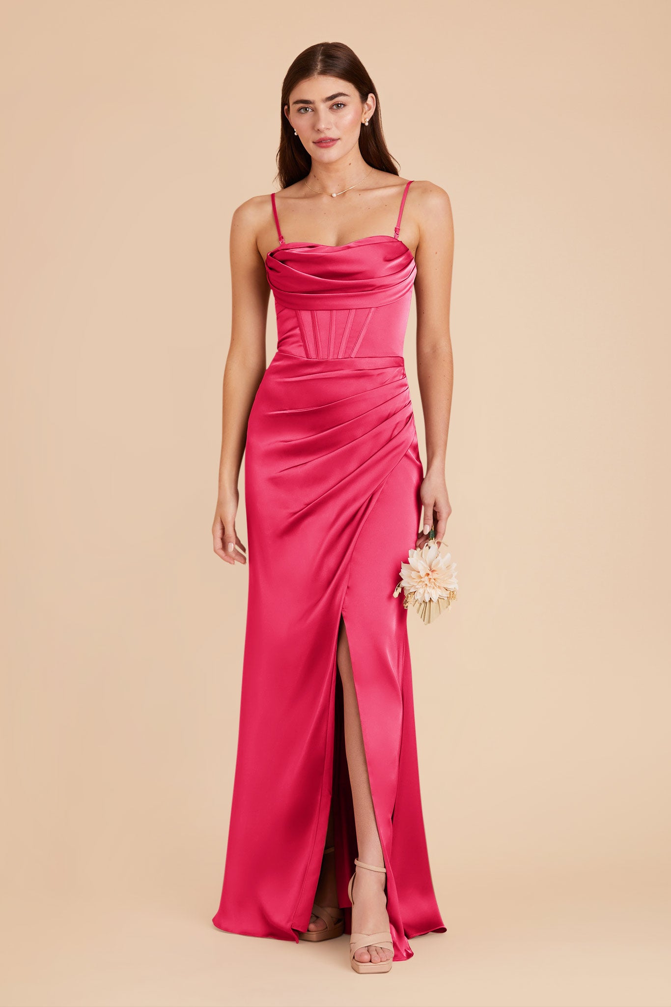 Elegant Satin Bridesmaid Dress with Boning & High Slit | Carrie Fuchsia