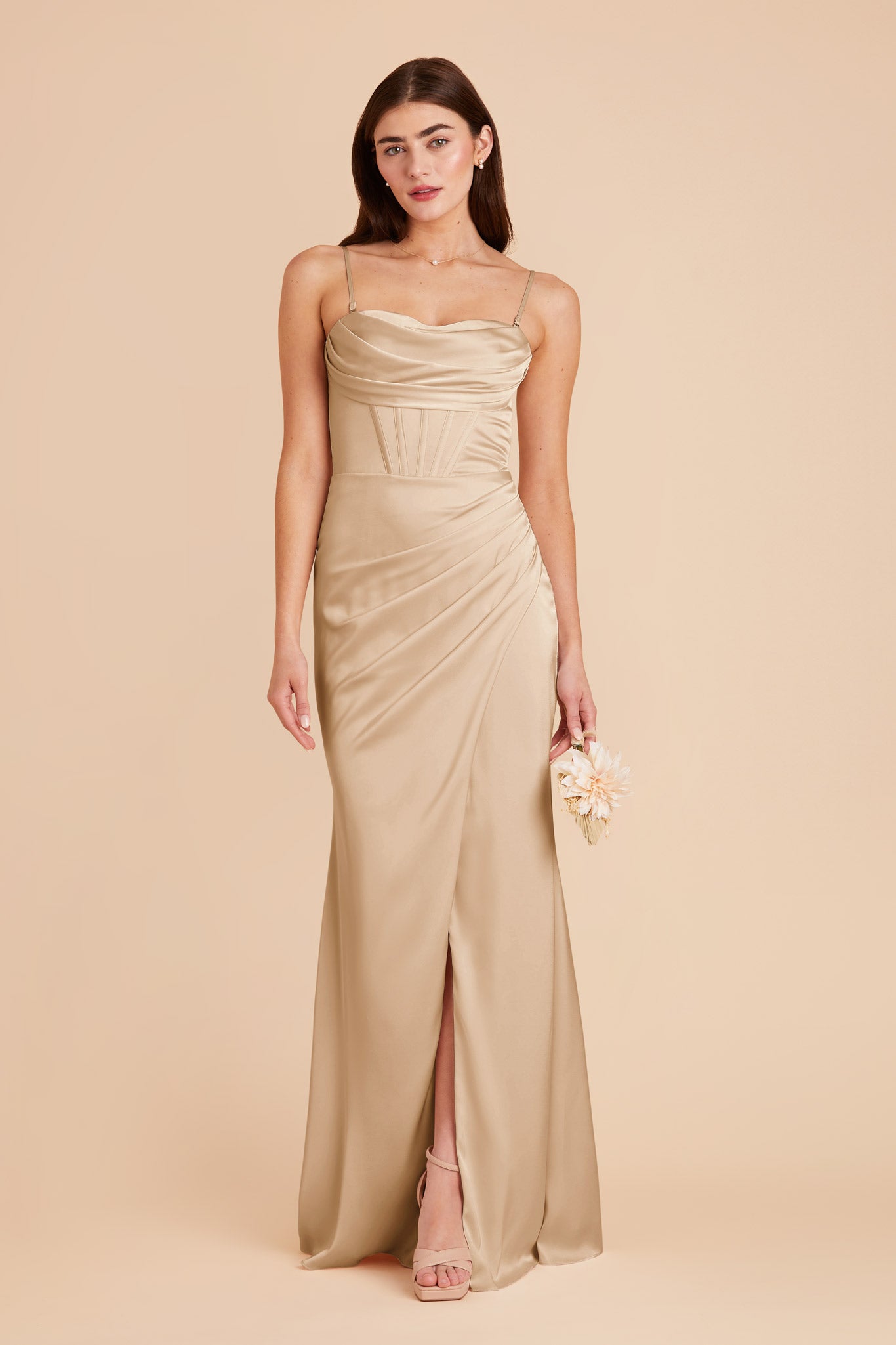 Glam Satin Bridesmaid Dress with Boning & High Slit | Carrie Gold