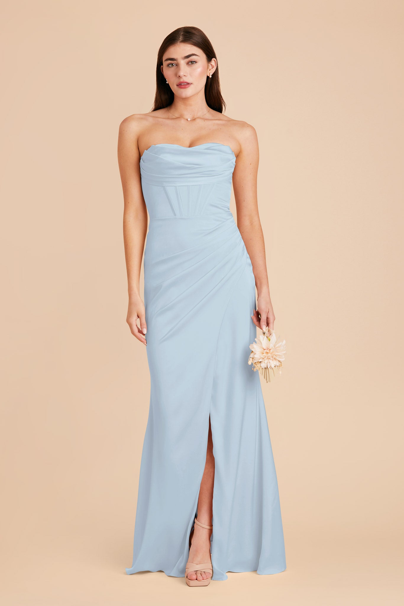 Mist Blue Satin Bridesmaid Dress with Boning & High Slit | Carrie