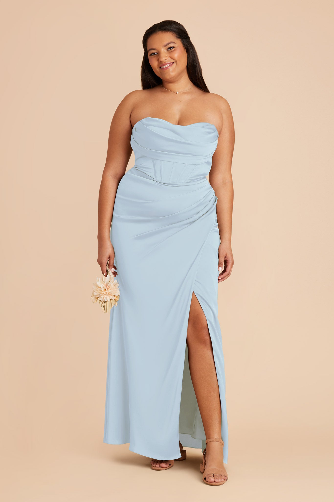 Mist Blue Satin Bridesmaid Dress with Boning & High Slit | Carrie