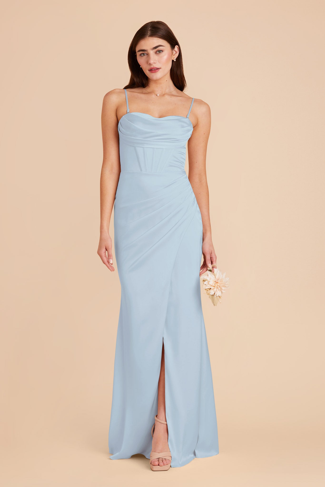 Mist Blue Satin Bridesmaid Dress with Boning & High Slit | Carrie