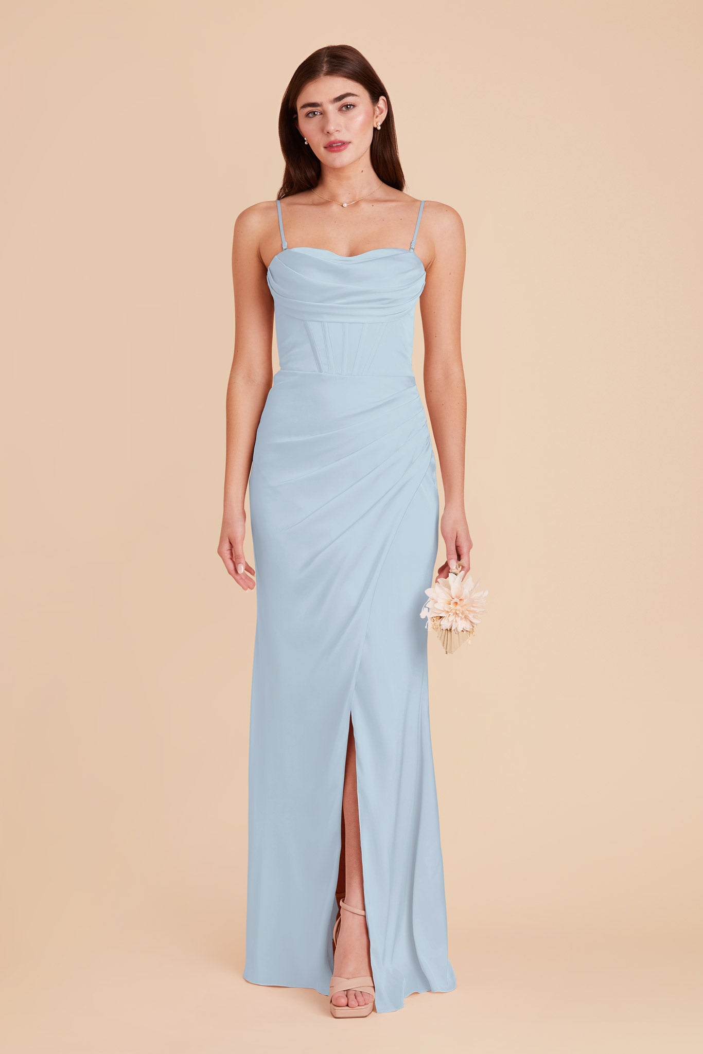 Mist Blue Satin Bridesmaid Dress with Boning & High Slit | Carrie