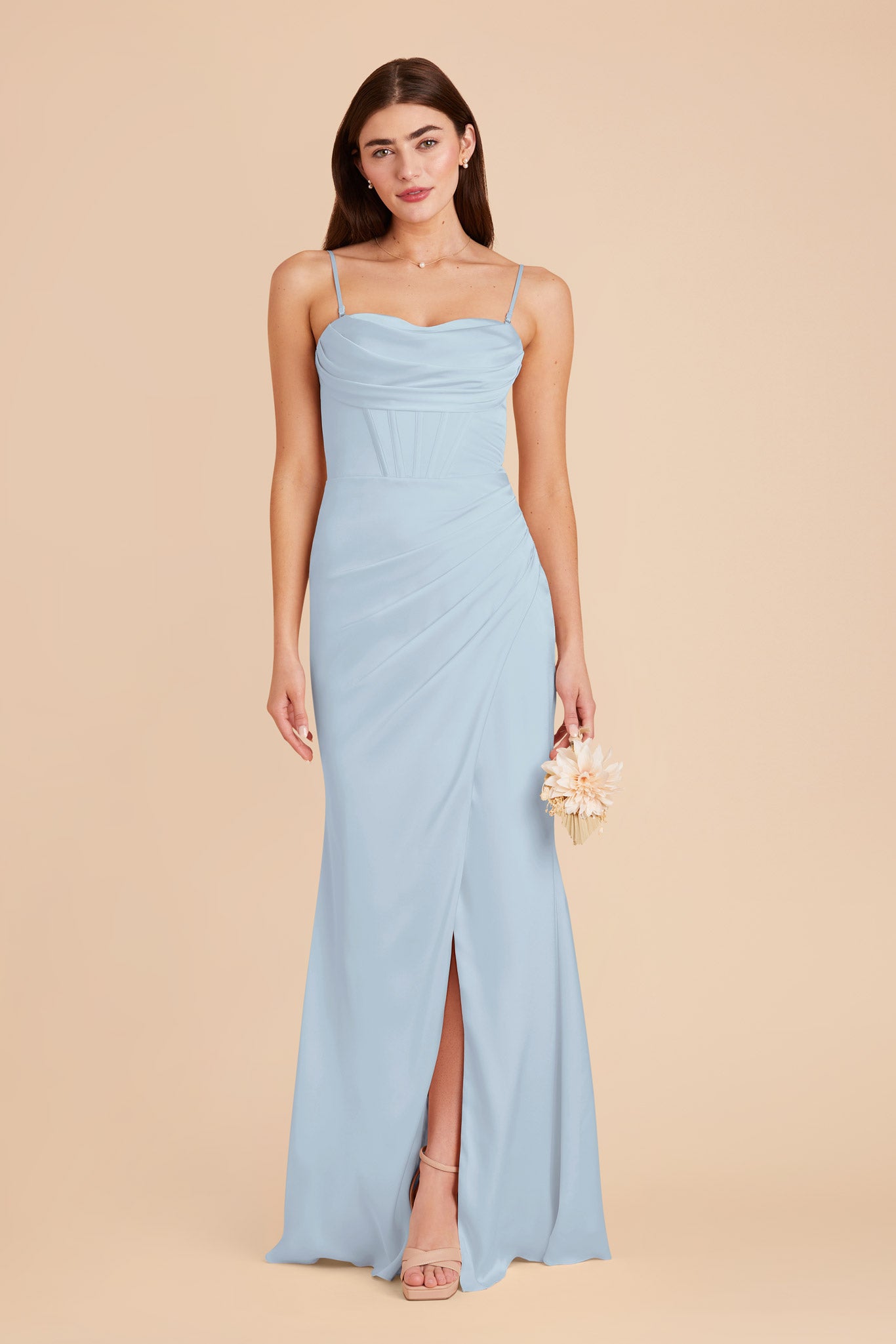 Mist Blue Satin Bridesmaid Dress with Boning & High Slit | Carrie