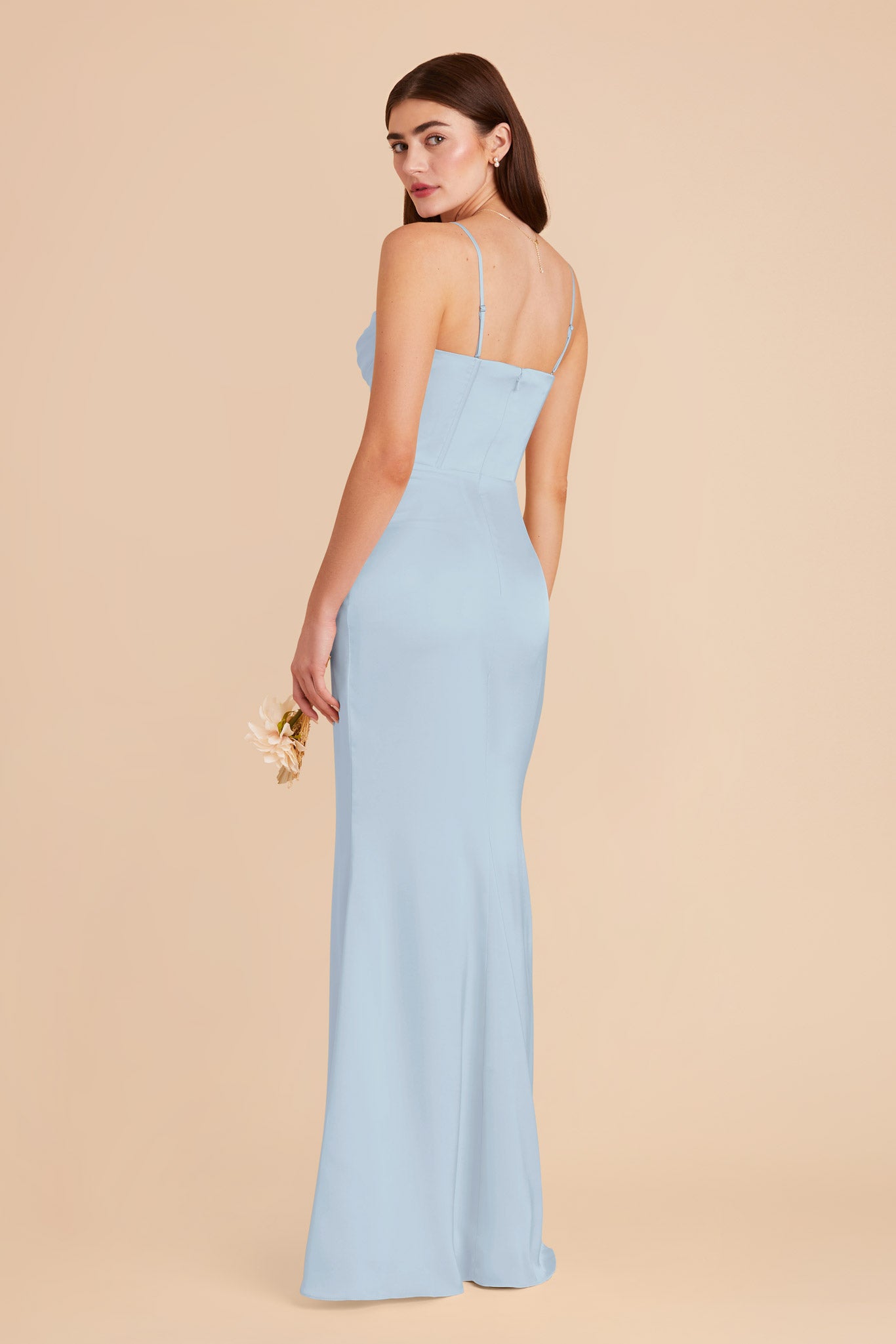 Mist Blue Satin Bridesmaid Dress with Boning & High Slit | Carrie
