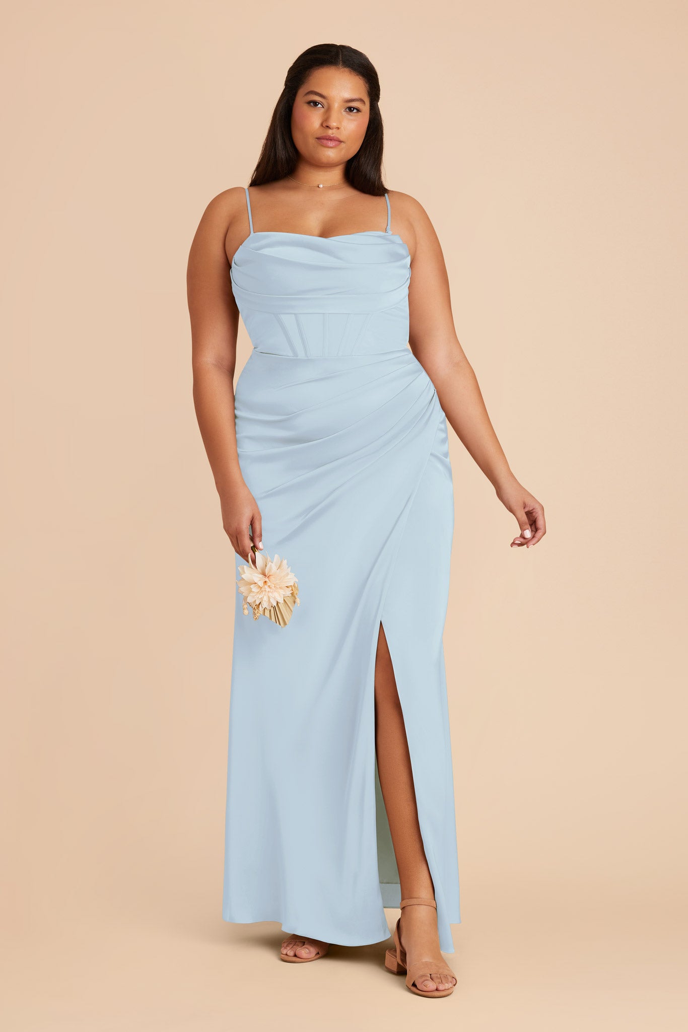 Mist Blue Satin Bridesmaid Dress with Boning & High Slit | Carrie