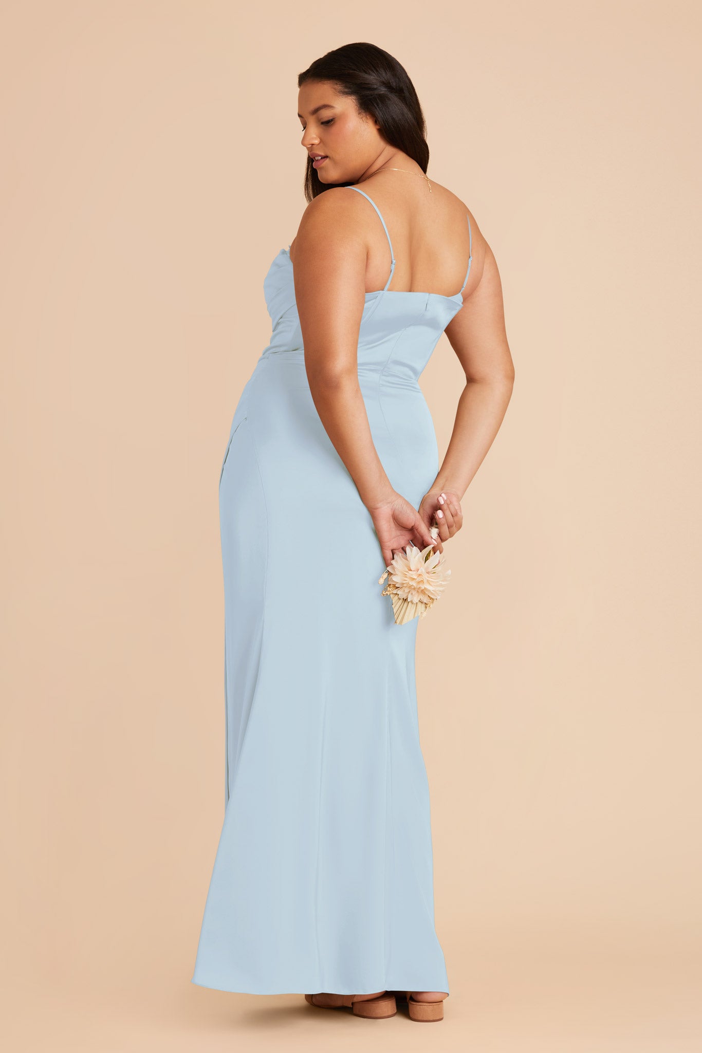 Mist Blue Satin Bridesmaid Dress with Boning & High Slit | Carrie