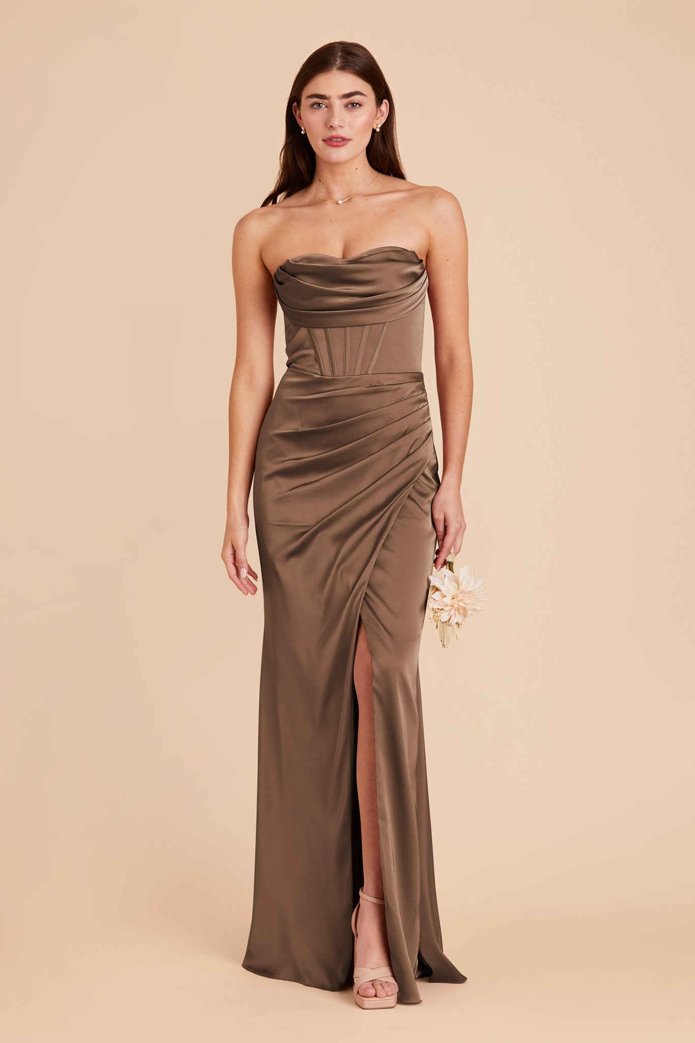 Elegant Mocha Satin Bridesmaid Dress with Boning & High Slit | Carrie