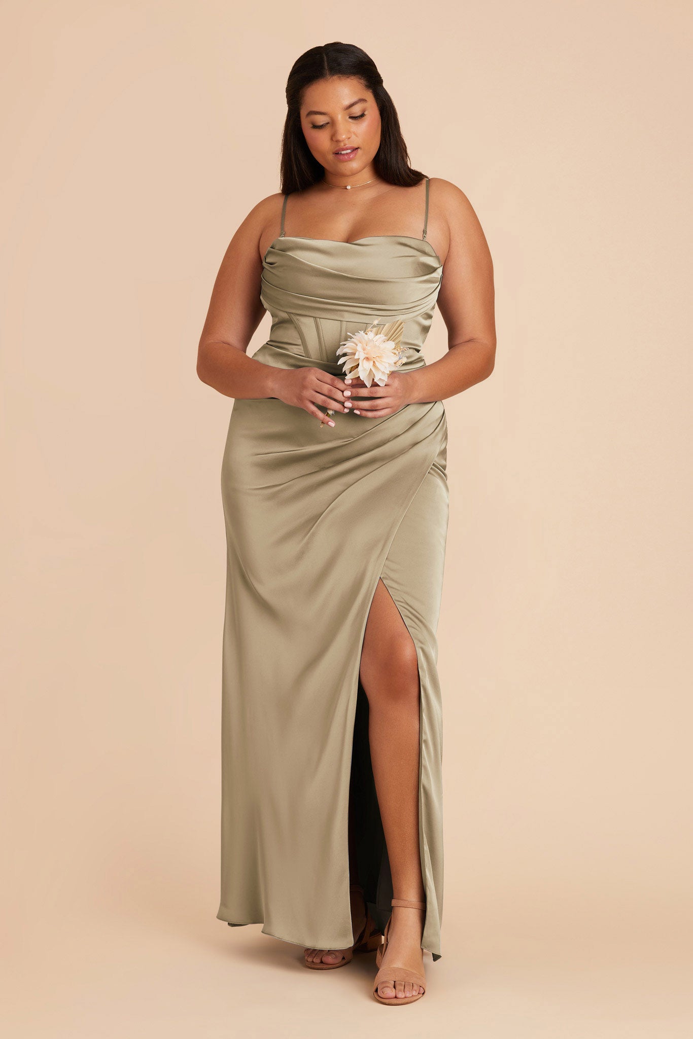 Elegant Satin Bridesmaid Dress with Boning & High Slit | Moss Green