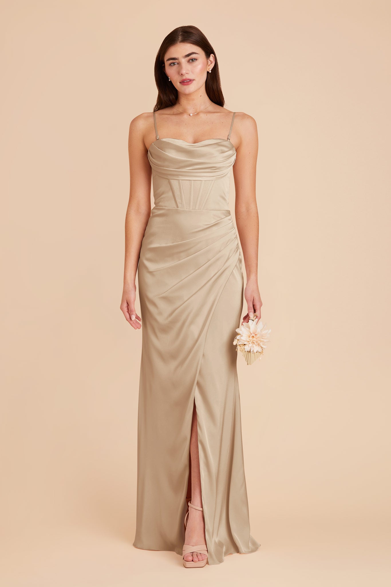 Elegant Satin Bridesmaid Dress with Boning & High Slit | Carrie