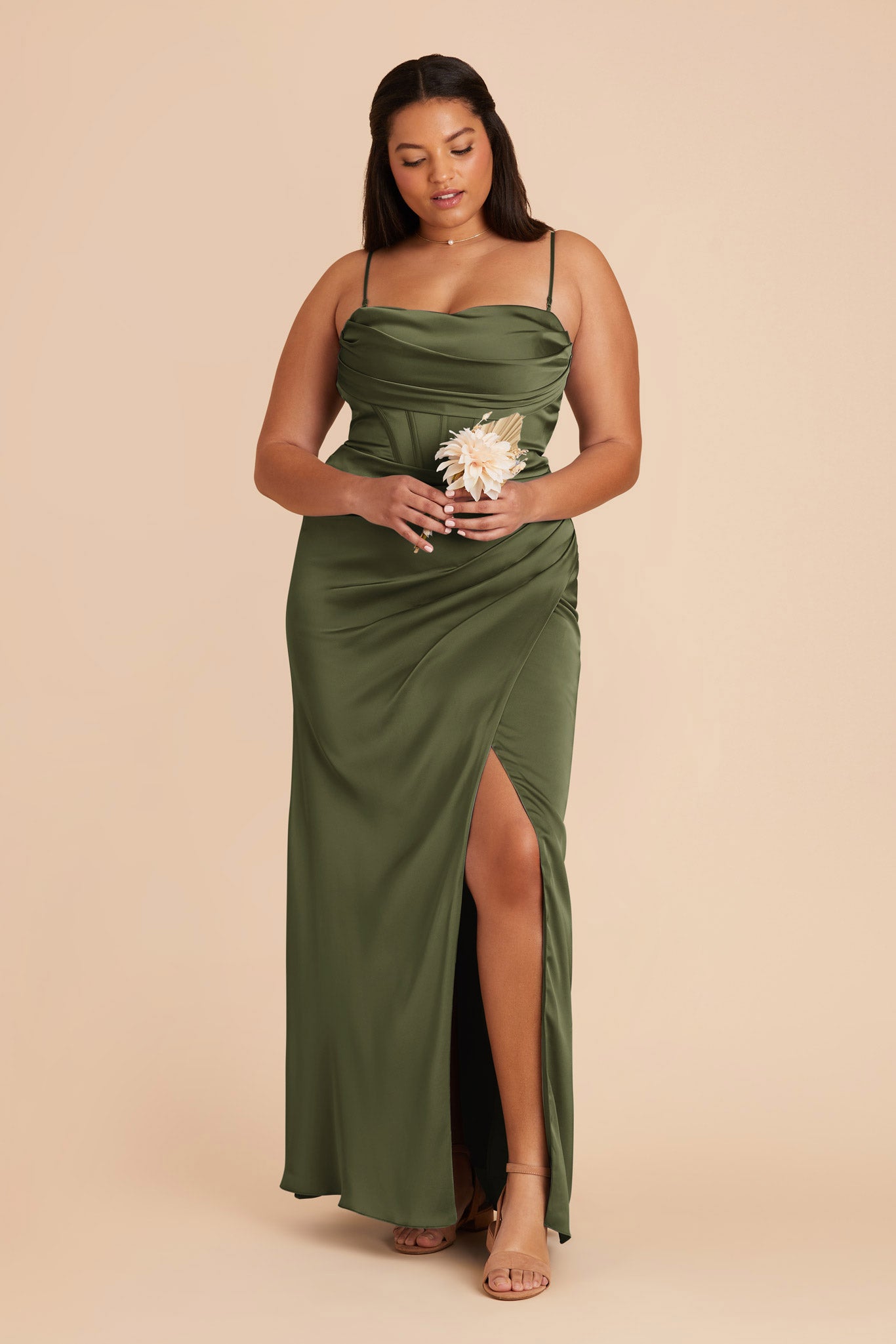 Matte Satin Bridesmaid Dress with Boning & High Slit | Carrie Olive