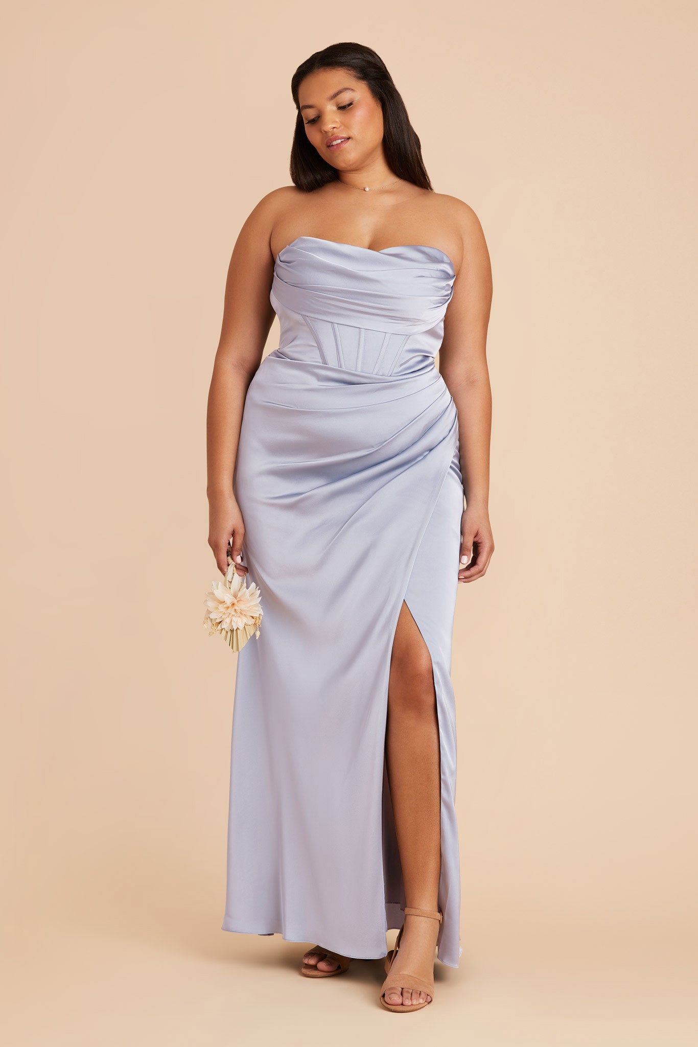 Elegant Satin Bridesmaid Dress with Boning & High Slit | Carrie