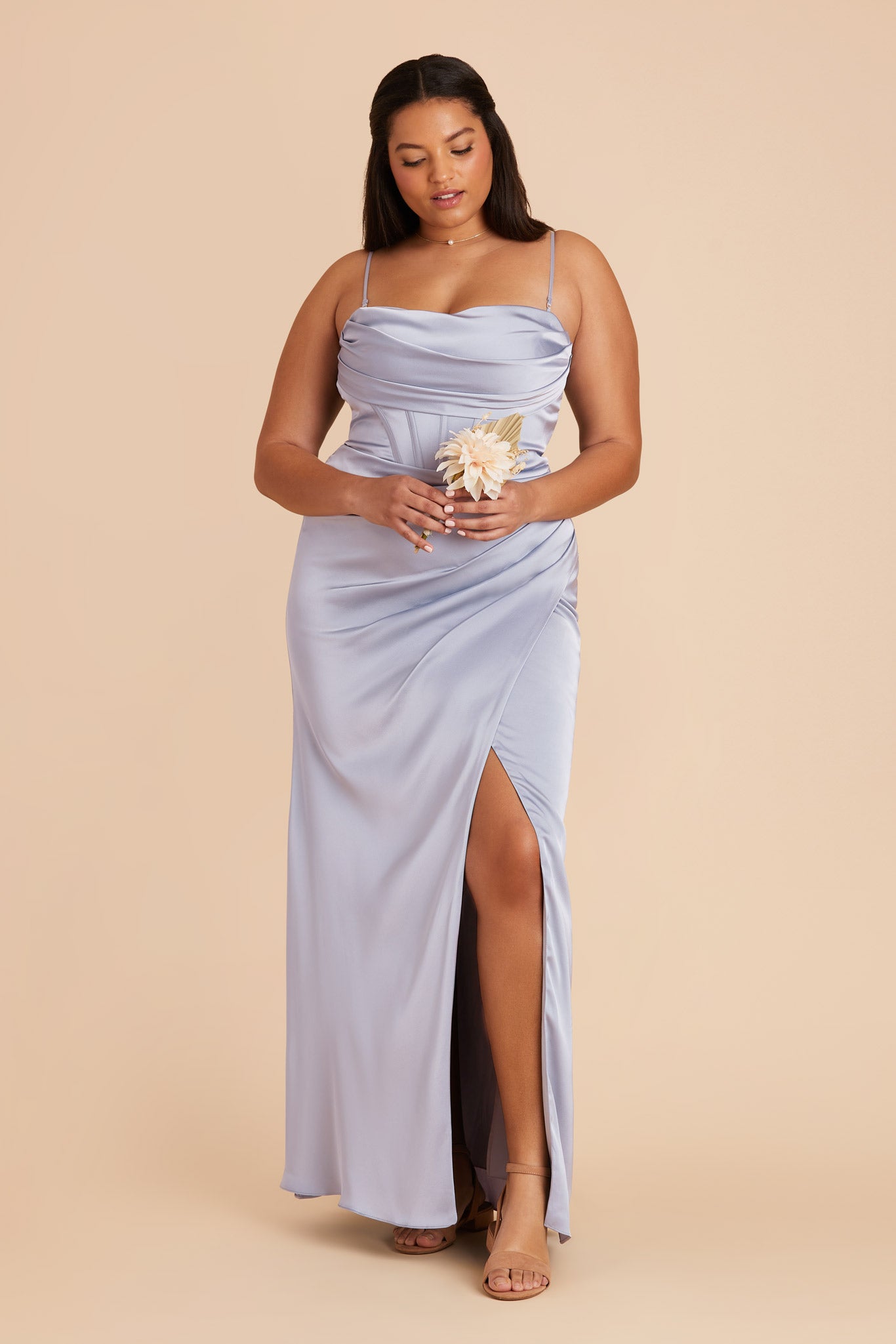 Elegant Satin Bridesmaid Dress with Boning & High Slit | Carrie