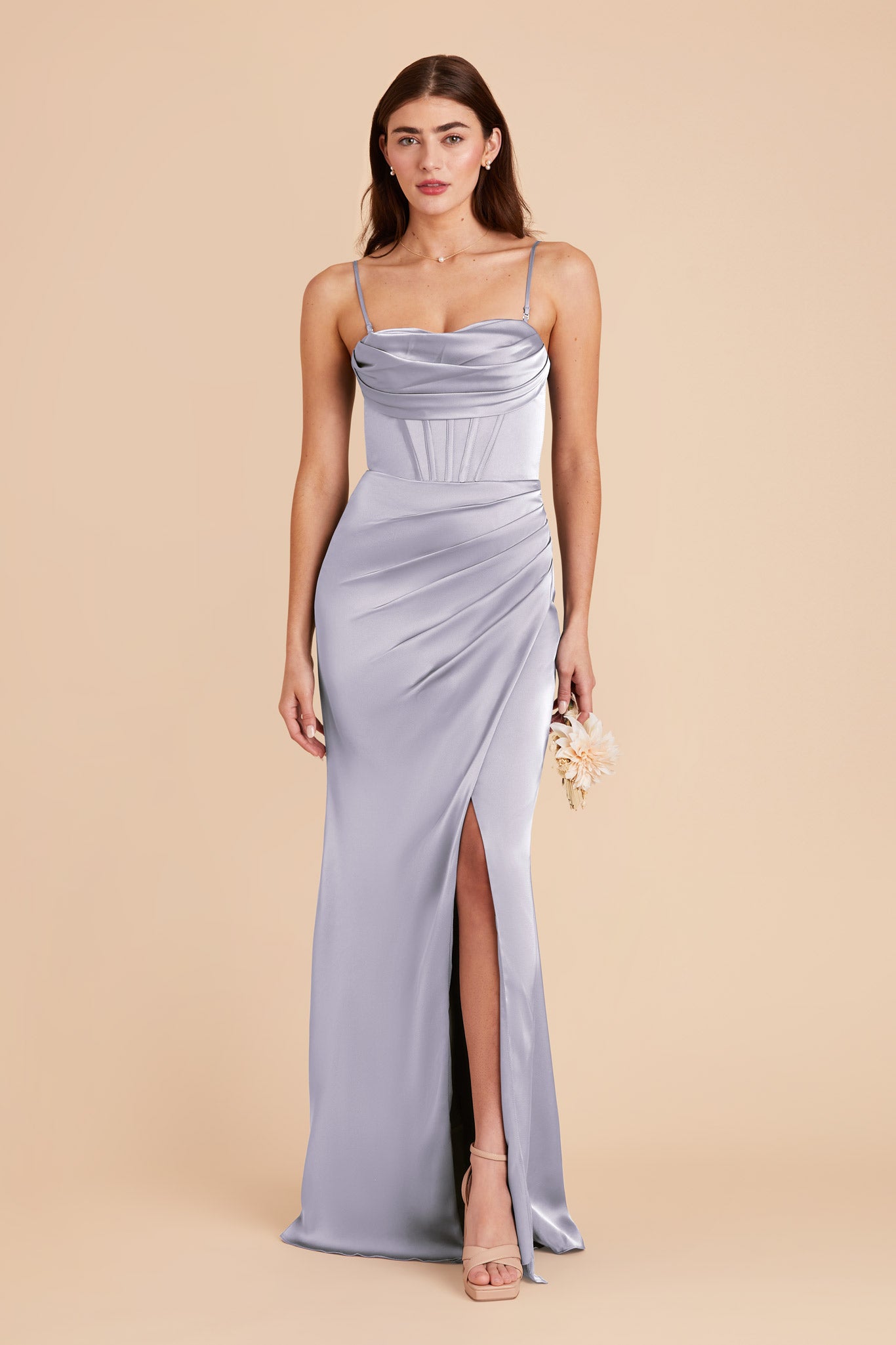 Elegant Satin Bridesmaid Dress with Boning & High Slit | Carrie