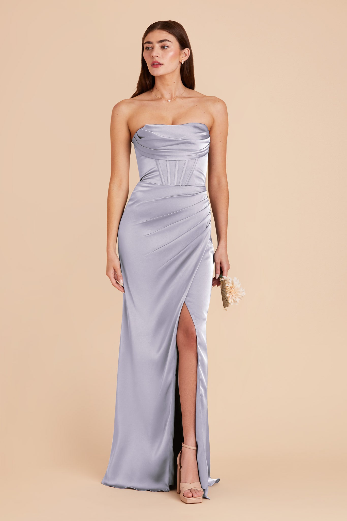 Elegant Satin Bridesmaid Dress with Boning & High Slit | Carrie