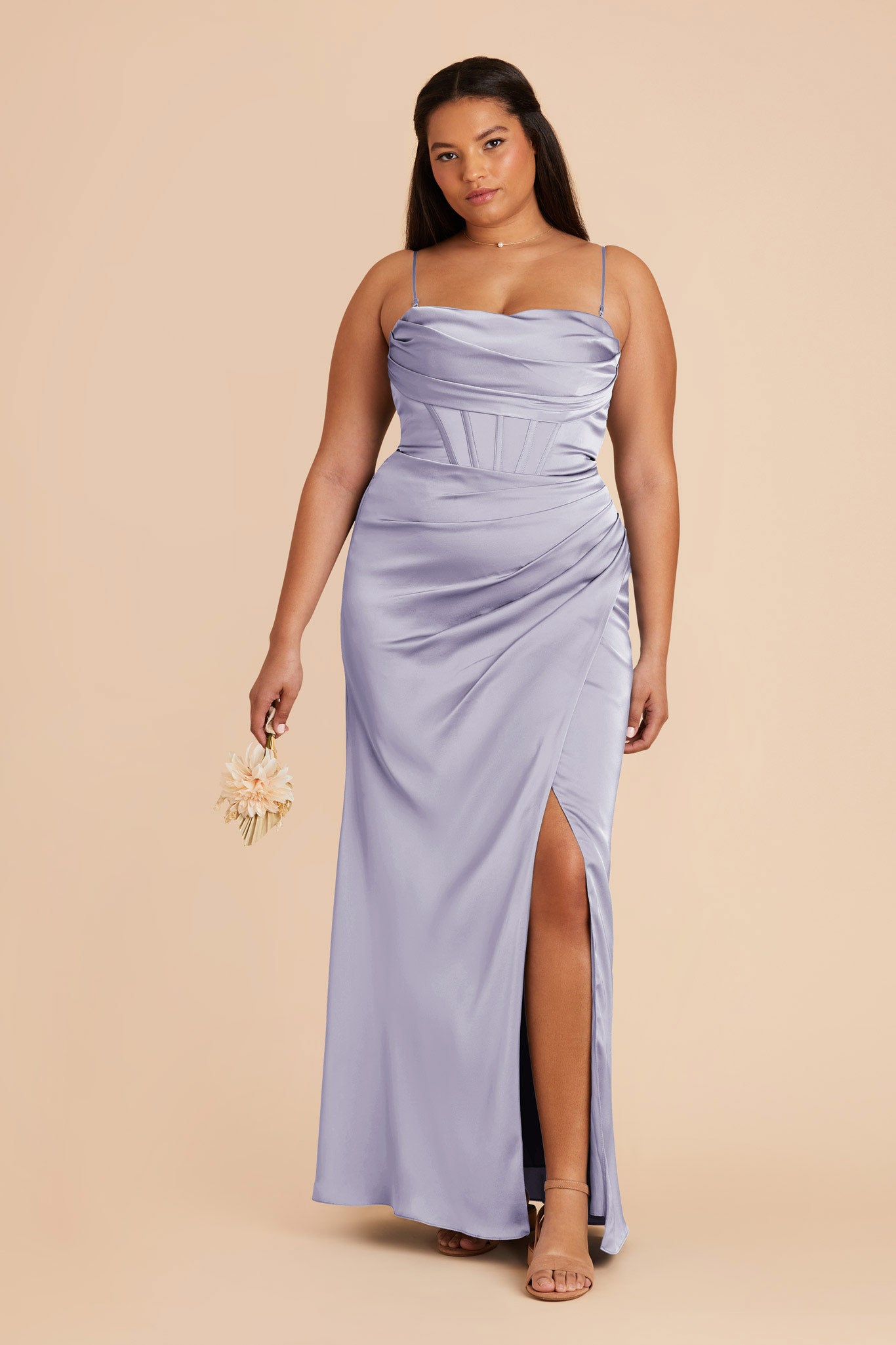 Elegant Satin Bridesmaid Dress with Boning & High Slit | Carrie