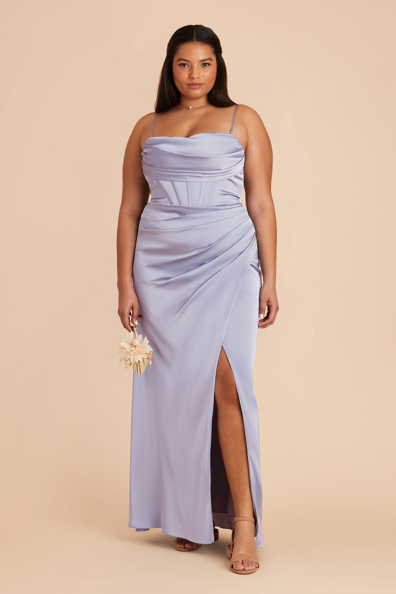 Elegant Satin Bridesmaid Dress with Boning & High Slit | Carrie
