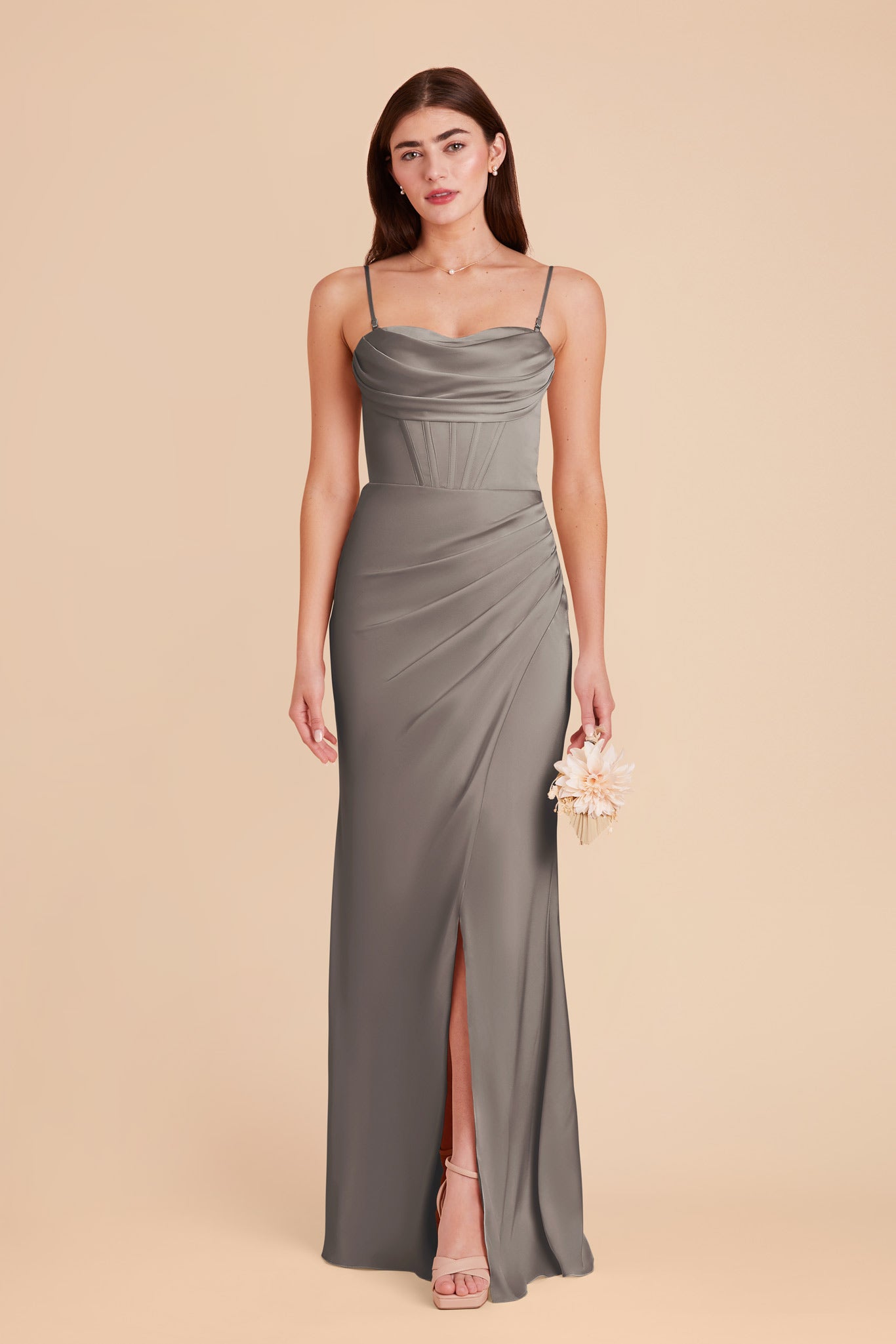 Matte Satin Bridesmaid Dress with Boning & High Slit | Carrie Quartz
