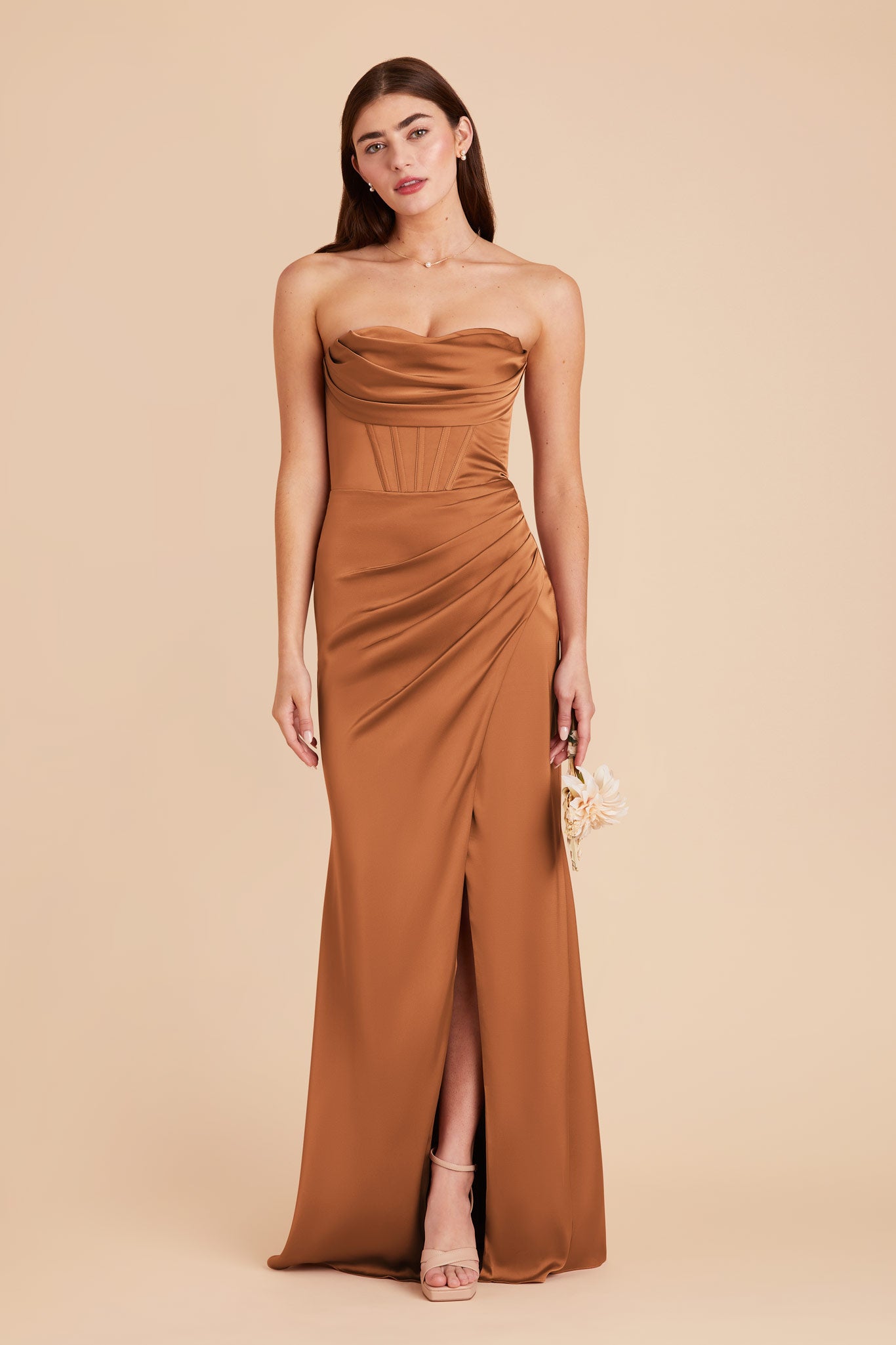 Matte Satin Bridesmaid Dress with Boning & High Slit | Carrie