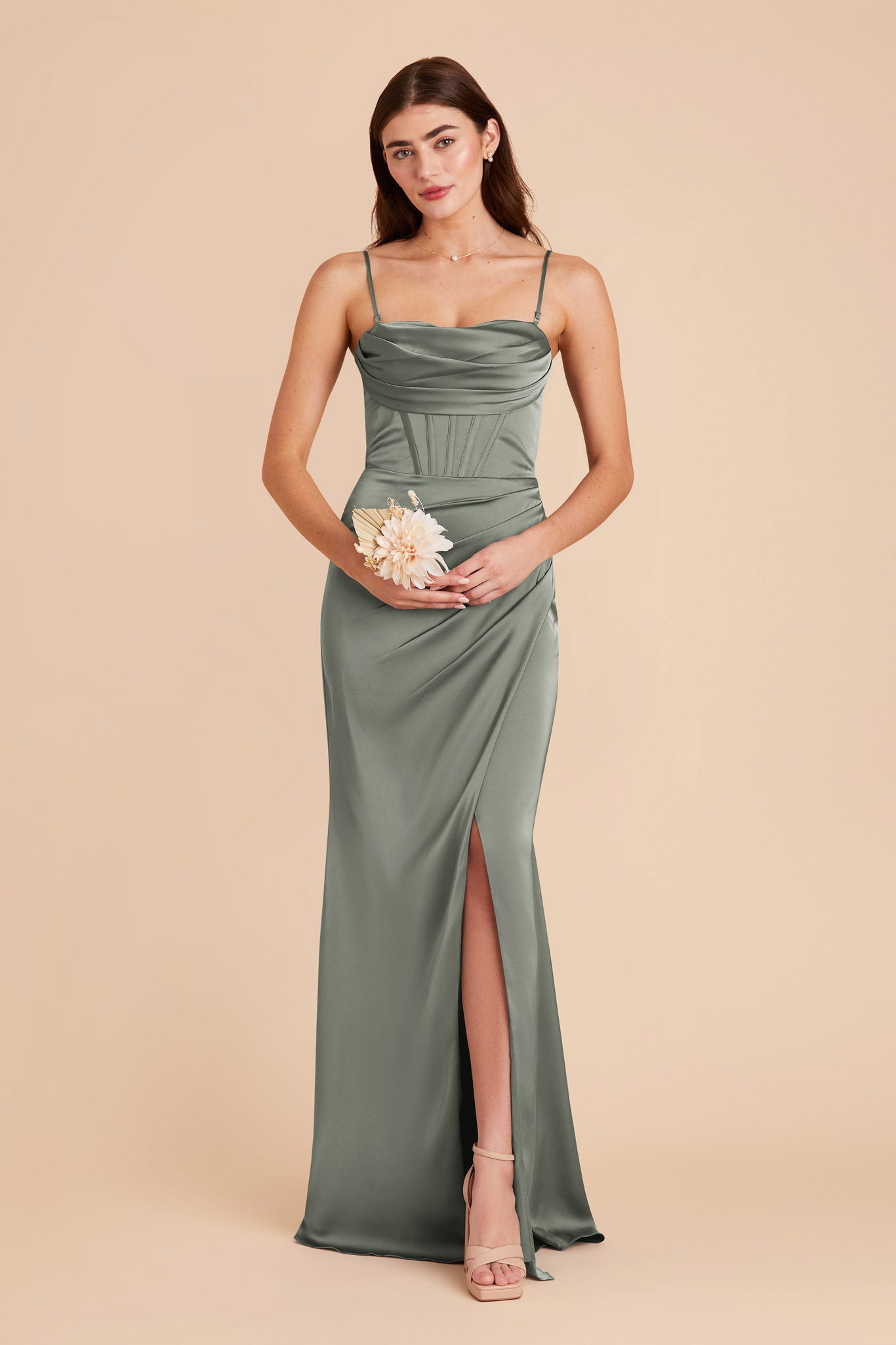 Elegant Satin Bridesmaid Dress with Boning & High Slit | Carrie