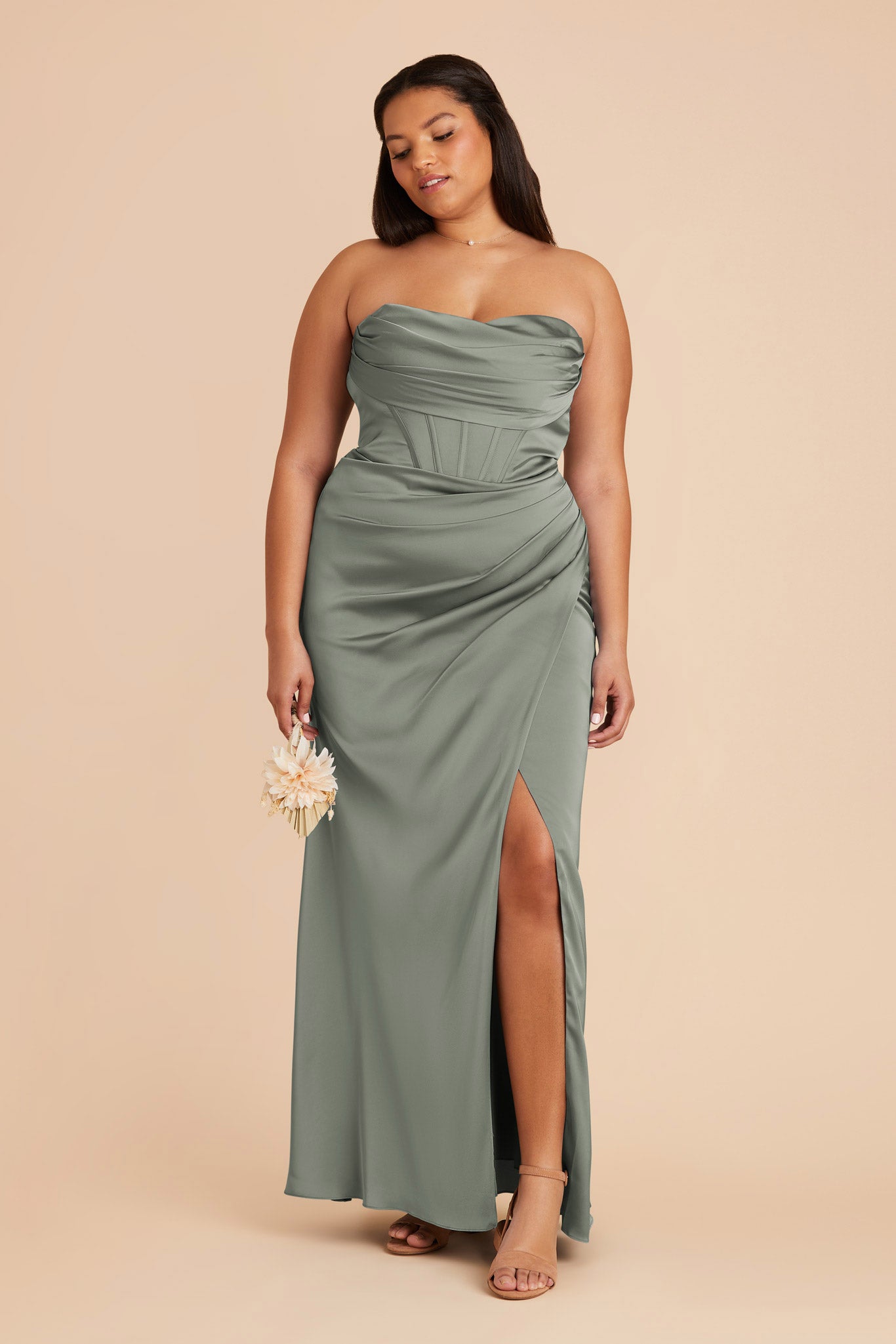 Elegant Satin Bridesmaid Dress with Boning & High Slit | Carrie